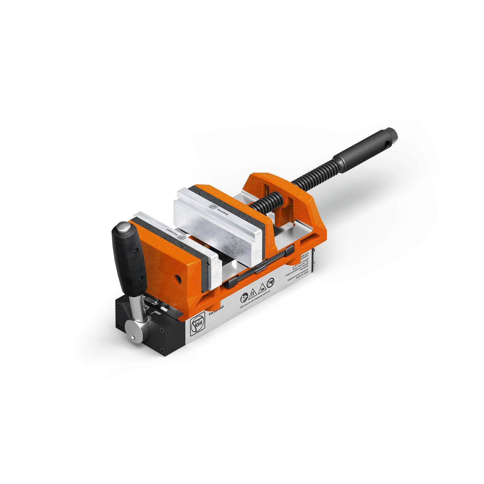 Eine industrielle orangefarbene Schraubstockbank mit einem schwarzen Griff und Einstellschraube, entwickelt zum sicheren Befestigen von Materialien während der Arbeit.