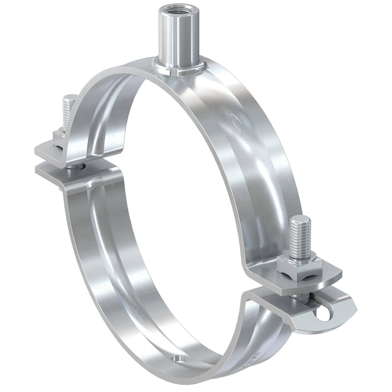 Eine Metallklemme mit zwei Schrauben an den Seiten und einem Gewindeloch oben, die zum Befestigen von Rohren oder anderen zylindrischen Gegenständen verwendet wird.