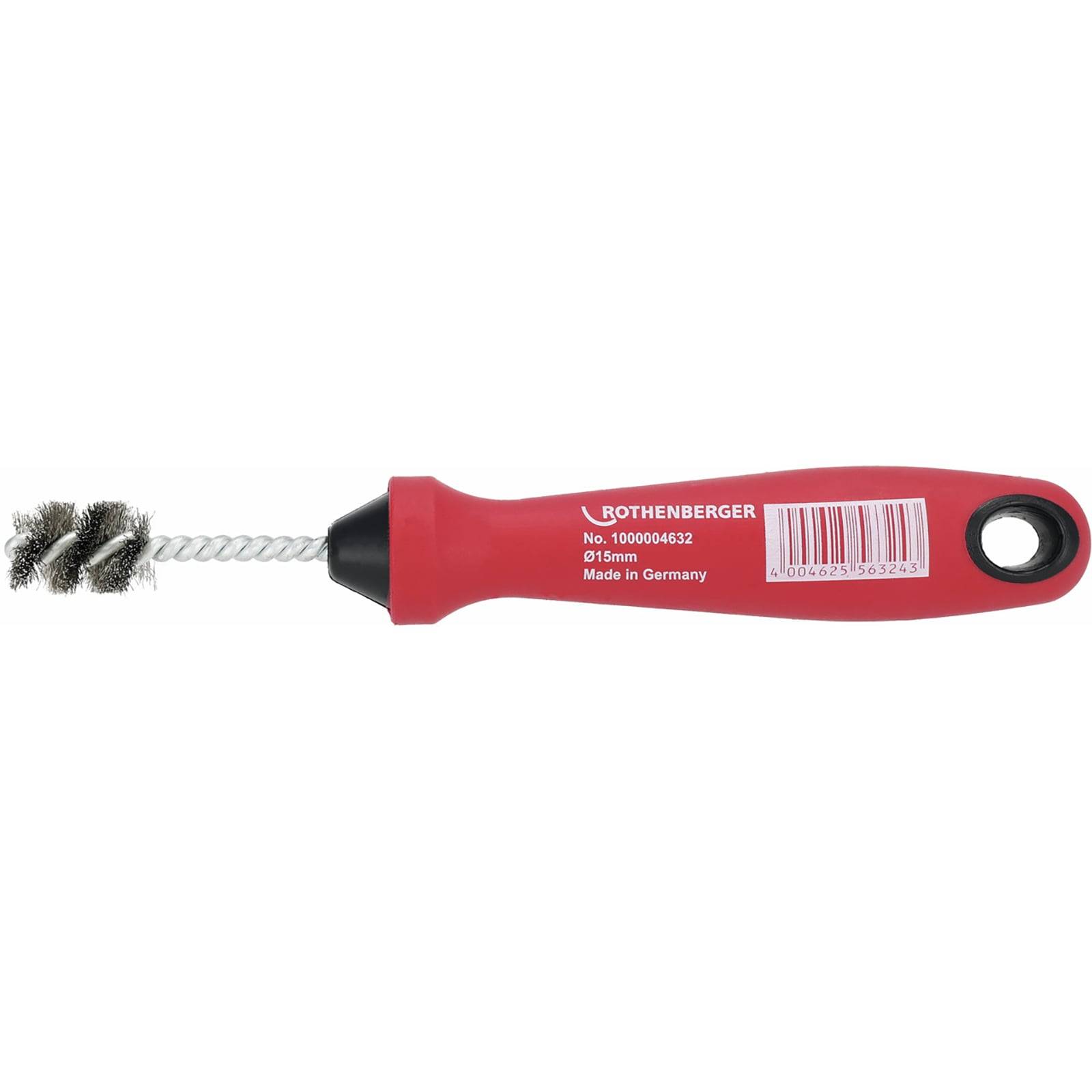 Ein roter Rohrreinigungsbürste mit Borsten auf einem Metalldraht, mit der Aufschrift 'ROTHENBERGER', geeignet für die Reinigung von 15-mm-Rohren.