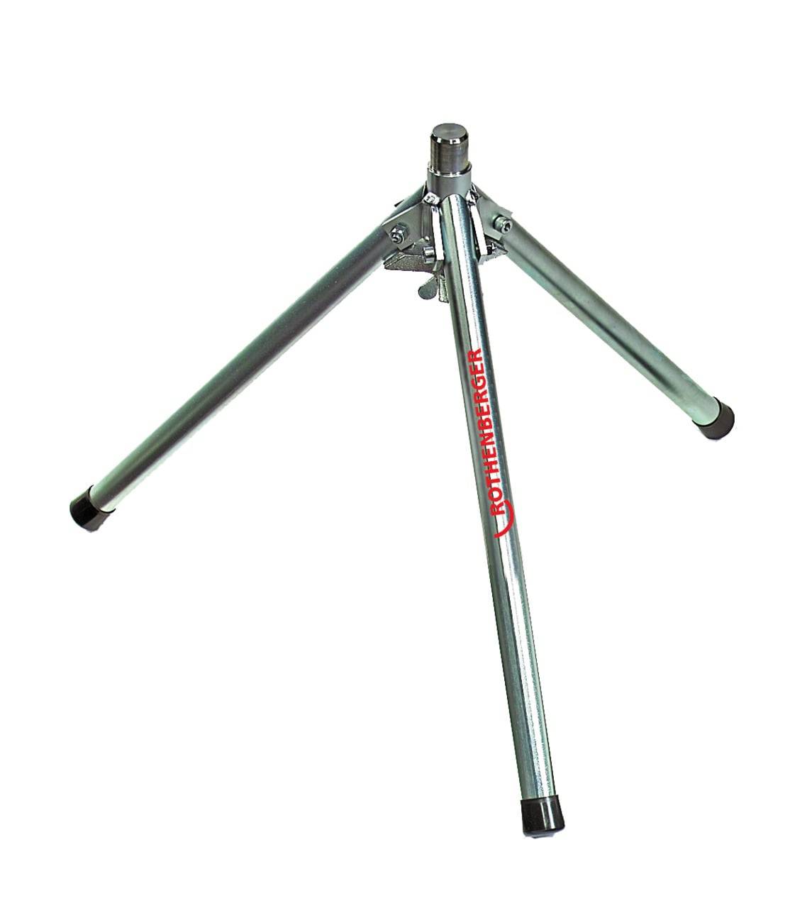 Ein silberner Dreibeinständer mit Gummispitzen und dem Markennamen 'Rothenberger' in Rot auf einem Bein, entwickelt zur Unterstützung von Ausrüstung.