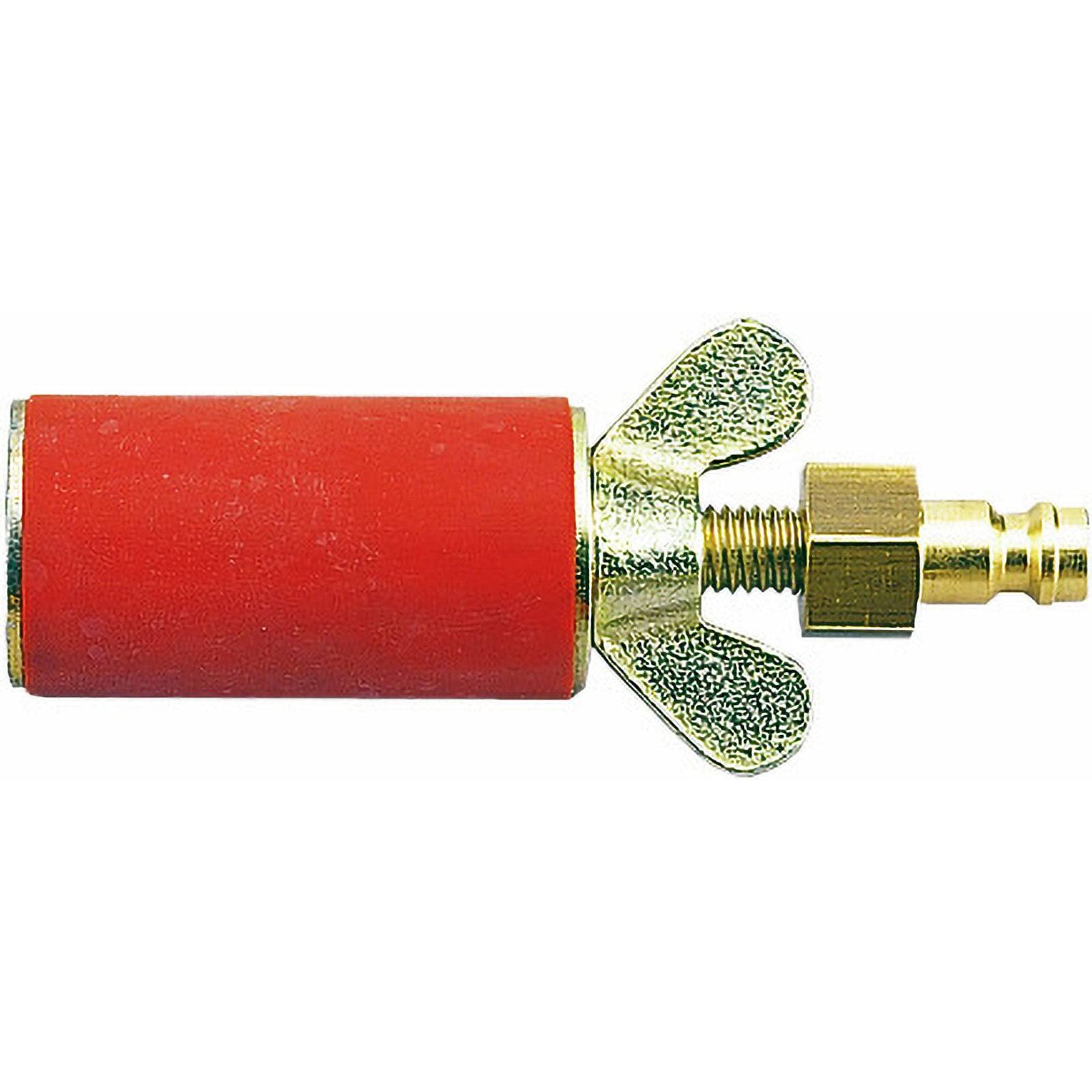 Ein roter zylindrischer Gummihosenstopfen mit einer Messingflügelmutter, der zum Abdichten von Rohrendungen dient und in einer Seitenansicht dargestellt ist.