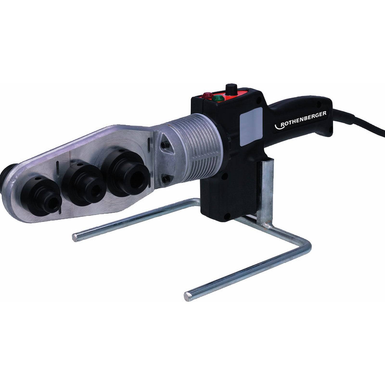 Eine professionelle Rohrschweißmaschine mit dualen Heizelementen, geeignet für verschiedene Rohrdurchmesser, verwendet in der Sanitär- und Bauwirtschaft.