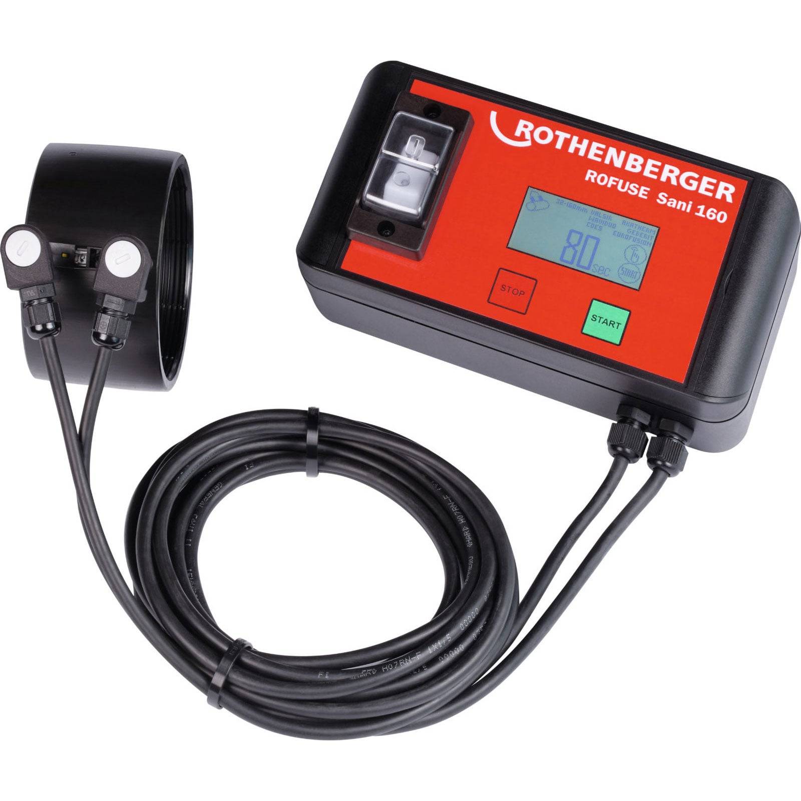 Elektrofusionsgerät mit Aufschrift 'Rothenberger ROFUSE Sani 160', ausgestattet mit einem LCD-Display und START-Taste; inklusive Kabeln und Anschlüssen.