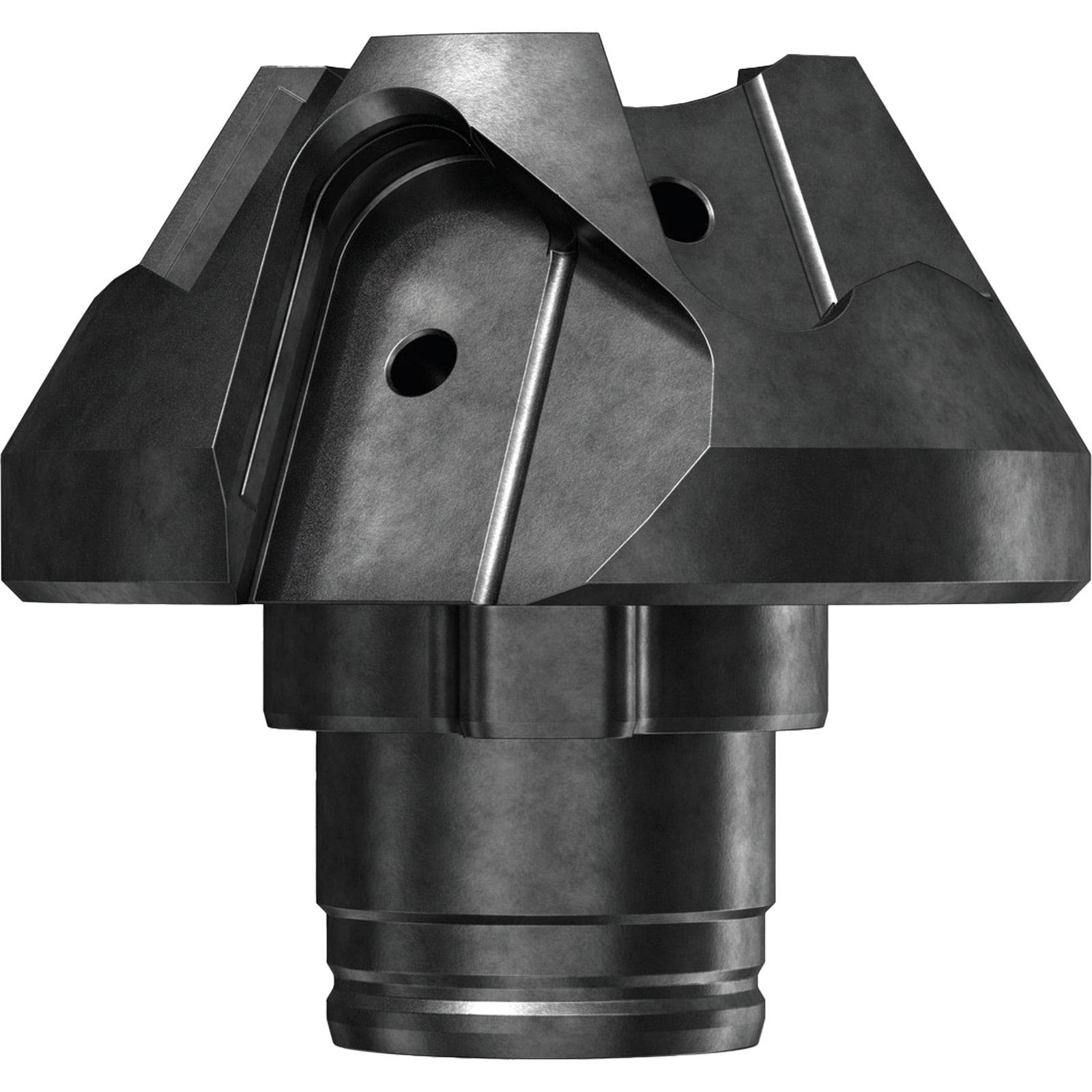 Ein schwarzer, metallischer, industrieller Werkzeugkopf mit einer zylindrischen Basis und angeschrägten Schnittflächen, verwendet für Bearbeitungs- oder Bohrungsanwendungen.