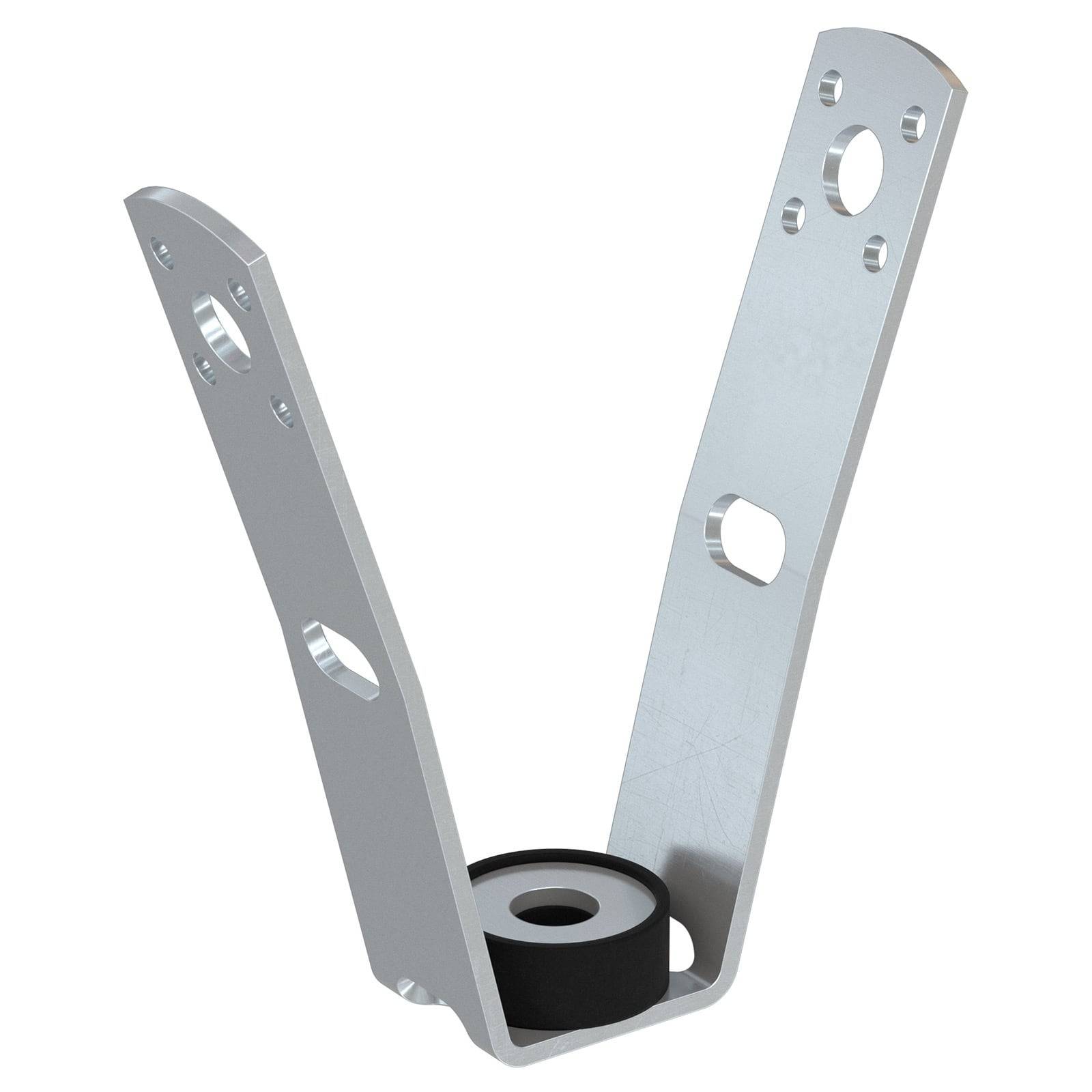 Metallhalterung mit zwei senkrechten Armen und einer kreisförmigen Gummikomponente an der Basis, mit mehreren Löchern zur Befestigung und Installation.
