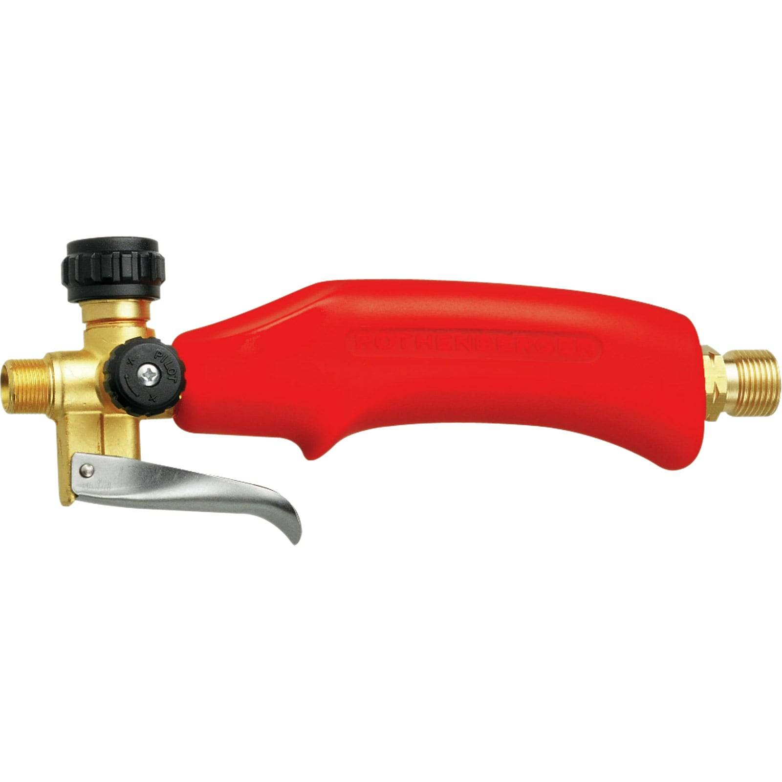 Ein Propanbrenner mit einer Messingdüse, einem schwarzen Einstellknopf und einem roten Griff, verwendet für Lötarbeiten oder Heizanwendungen.