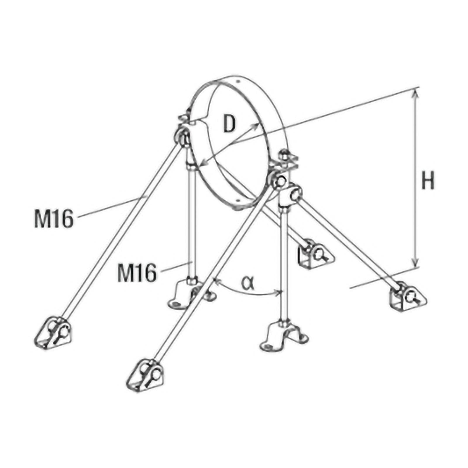 Technische Zeichnung einer Rohrstützstruktur mit Dimensionen. Kreisband mit Bezeichnung 'D' wird von Winkeln 'α' unter Verwendung von M16-Stangen gestützt. Höhe mit 'H' bezeichnet.