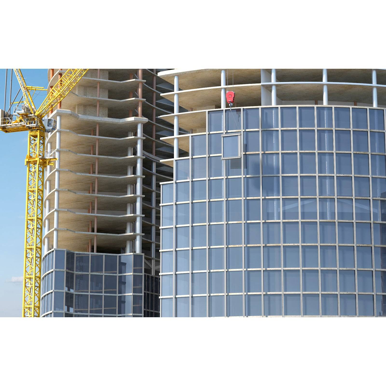 Baustelle eines Hochhauses mit einem gelben Kran und einer teilweise fertiggestellten Glasfassade.