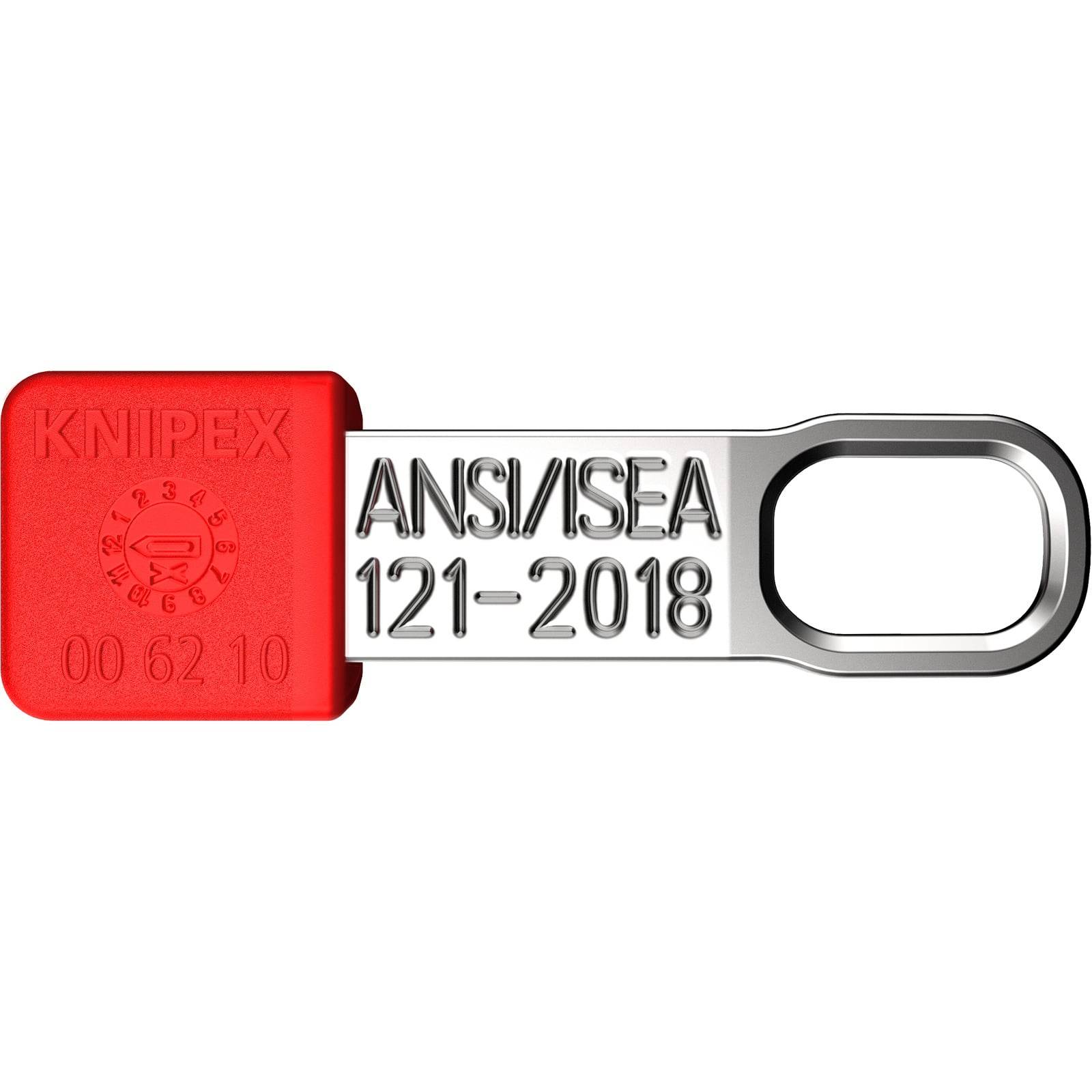 KNIPEX-Werkzeug-Sicherungsbefestigung. Roter Block mit Beschriftung '00 62 10' und einer silbernen Schlaufe mit Aufschrift 'ANSI/ISEA 121-2018'. Verwendet für Sicherheitskonformität.