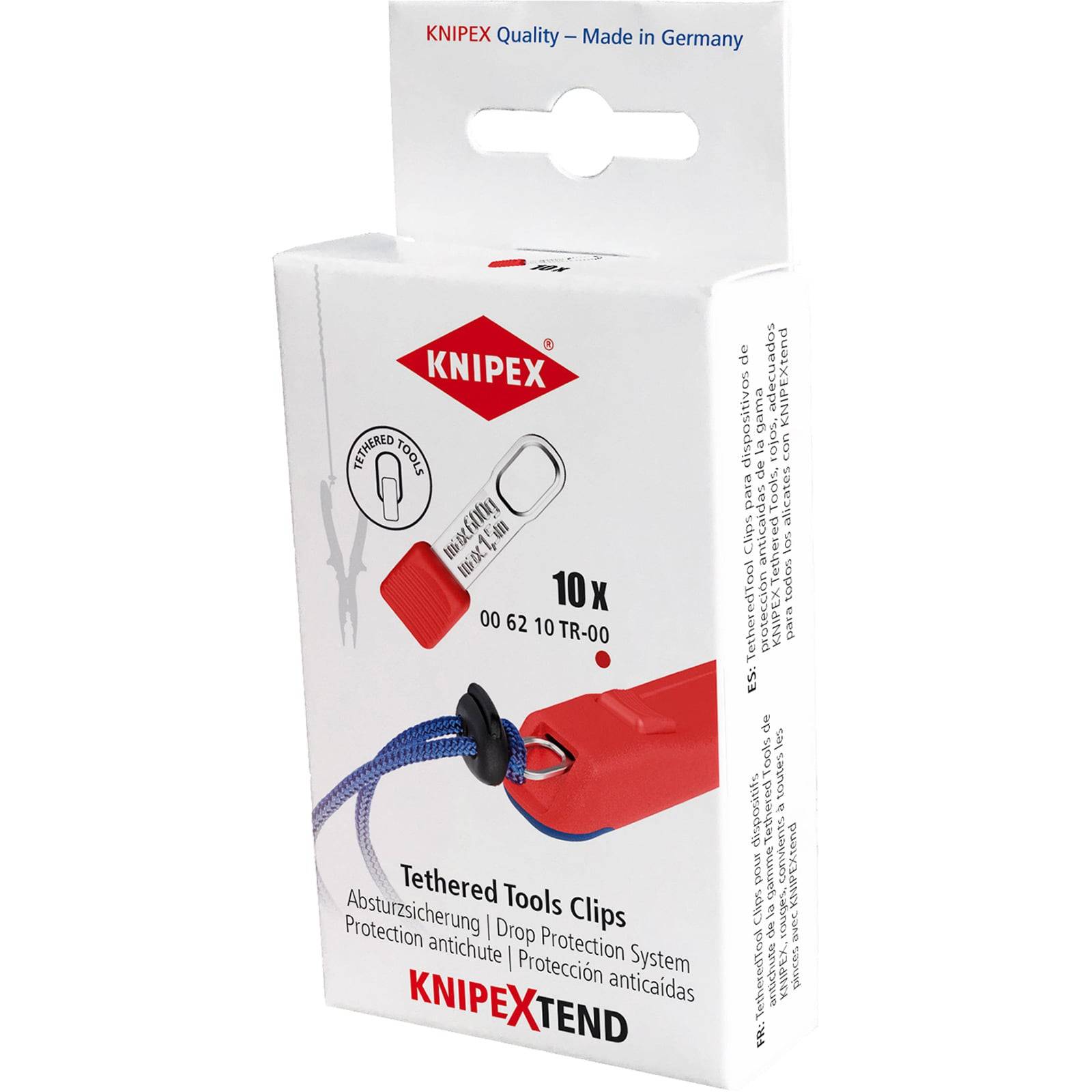 Karton mit Knipex Gesicherten Werkzeug-Clips, zeigt einen roten Werkzeug-Clip, der an einem blauen Seil befestigt ist. Beschriftet mit 'KNIPEX Qualität - Made in Germany'.