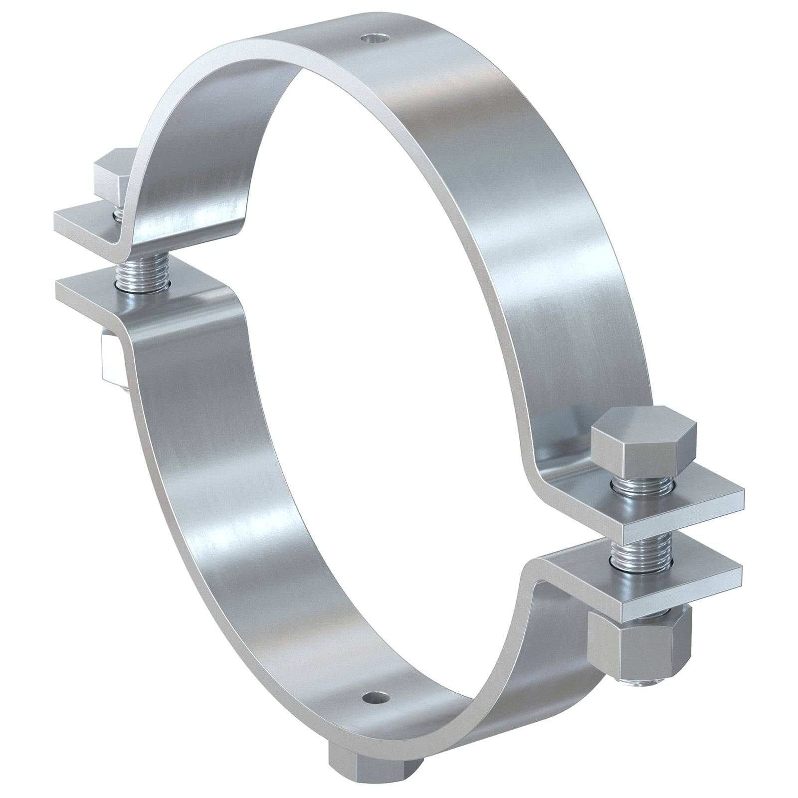 Edelstahl-Rohrklemme mit zwei Bolzen, verwendet zum Befestigen von Rohrleitungssystemen. Sie verfügt über ein robustes, korrosionsbeständiges Design.