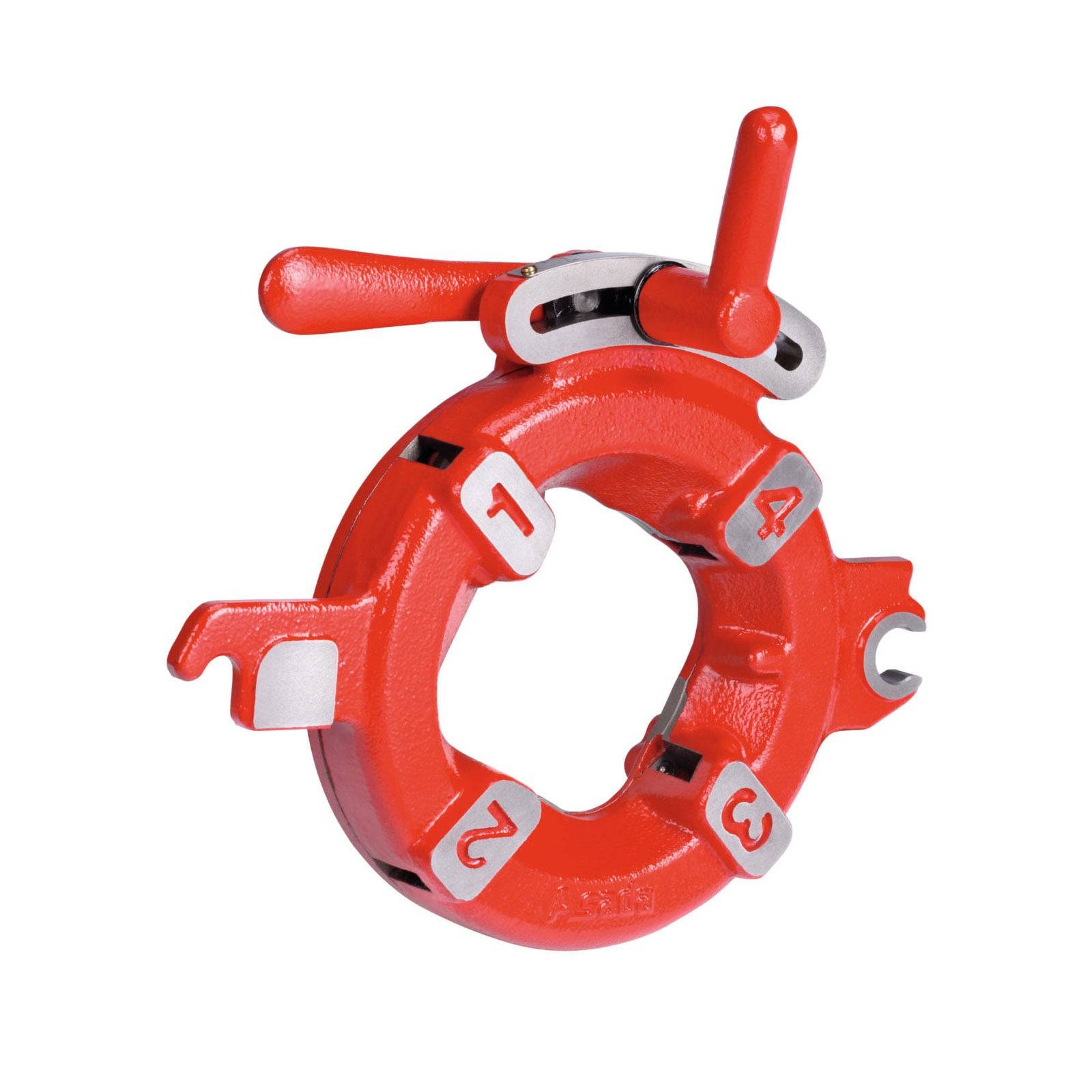 Roter Rohrabwickelkopf mit vier nummerierten Einsätzen und verstellbarem Griff.