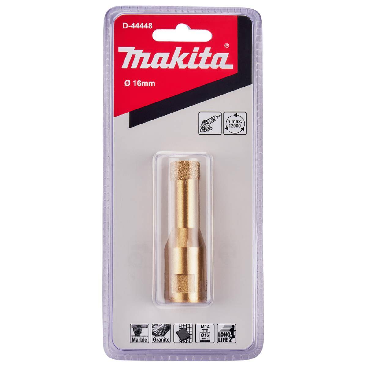 Makita D-44448 16mm Steinbohrer in transparenter Kunststoffverpackung, gekennzeichnet für Marmor- und Granitverwendung, mit Symbol „max 1200" Geschwindigkeit und „LONG LIFE""-Markierung.