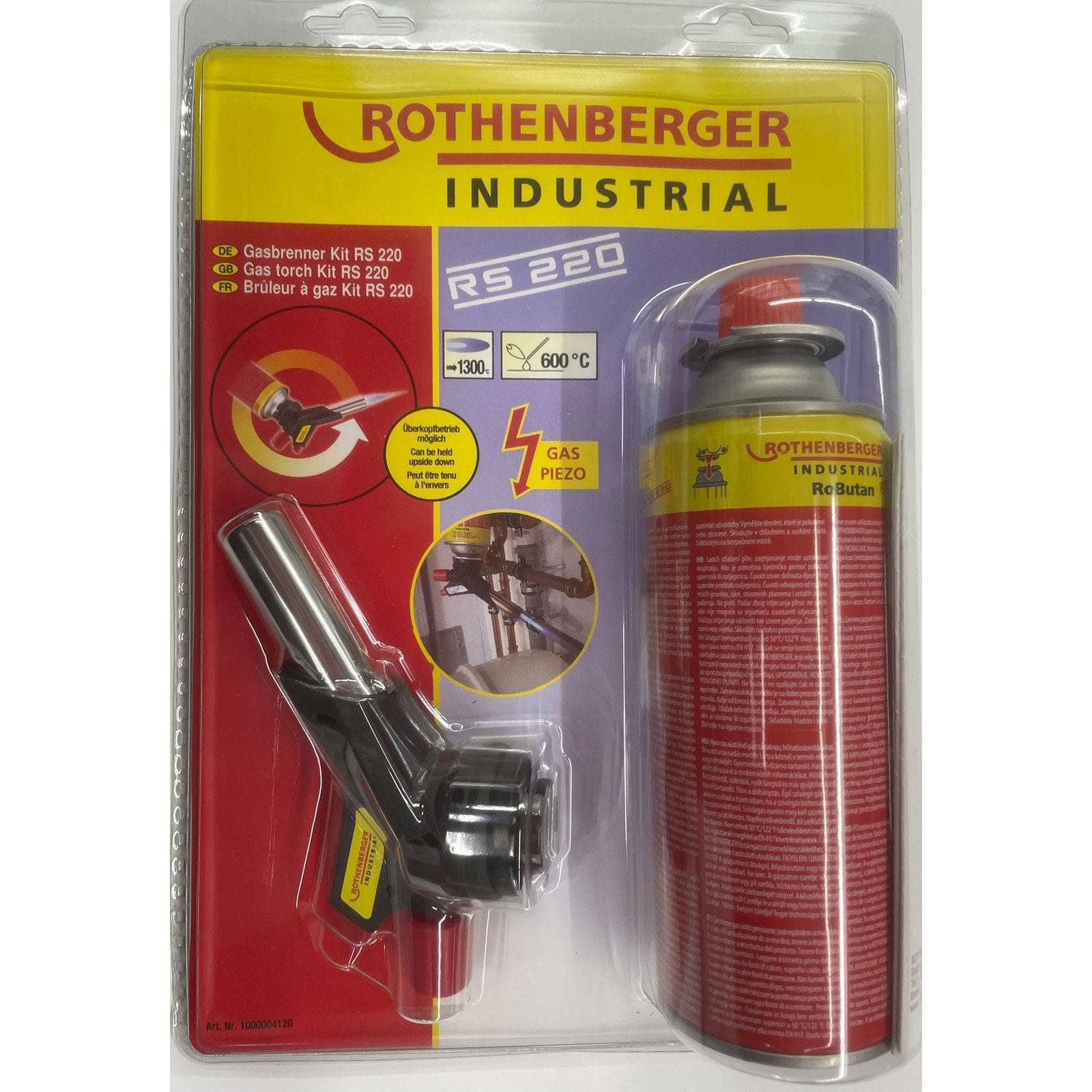 Gasbrennerset-Verpackung mit einem Gasbrenner und Gaskartusche. Beschriftet als 'Rothenberger Industrial RS 220'. Geeignet für Hochtemperatureinsatz.