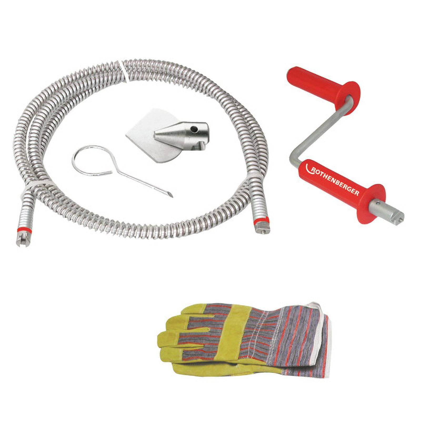 Rothenberger-Rohrreinigungsset mit Handschuhen, Spirale, Handkurbel und Hakenvorsatz, speziell zum Reinigen verstopfter Rohre entwickelt.
