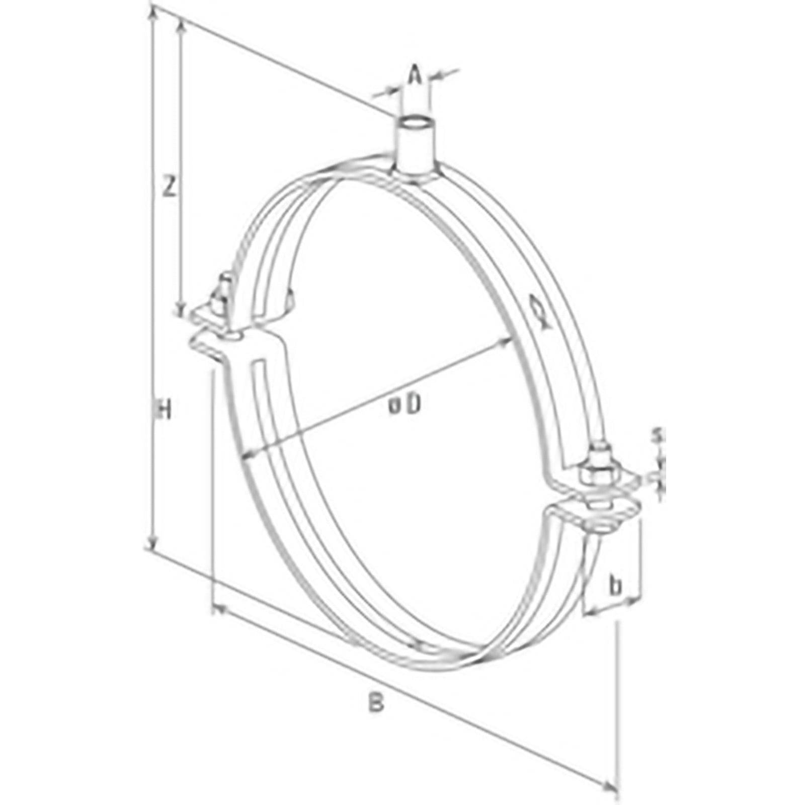 Technische Zeichnung einer Rohrschelle mit beschrifteten Abmessungen A, Z, B, H, D und s in einer Seitenansicht. Die Zeichnung zeigt Befestigungsbügel.