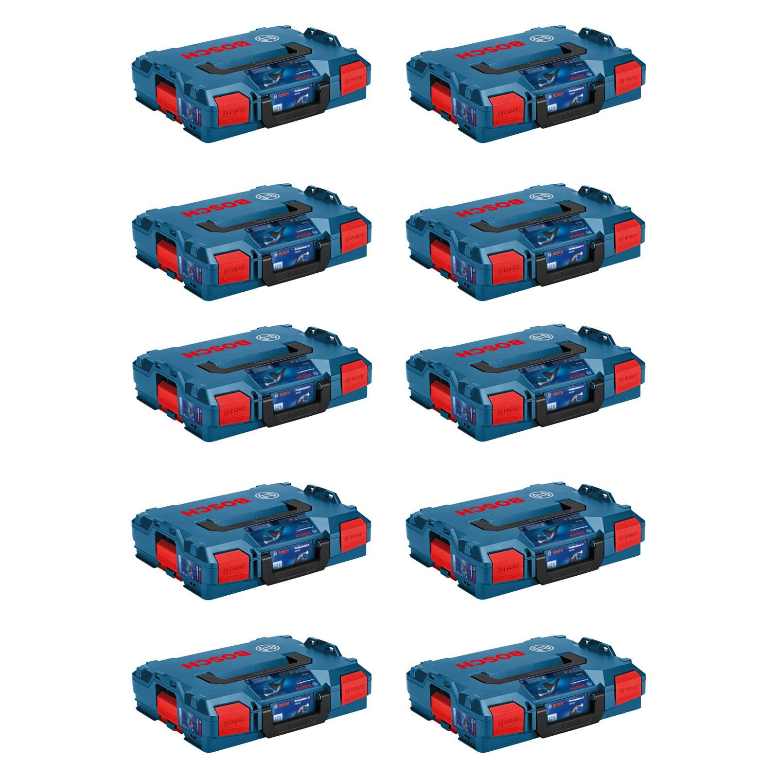 Drei Reihen mit je vier gestapelten Werkzeugkästen, blau mit roten Verschlüssen und Griffen, mit Markenlogos an der Vorder- und Oberseite.