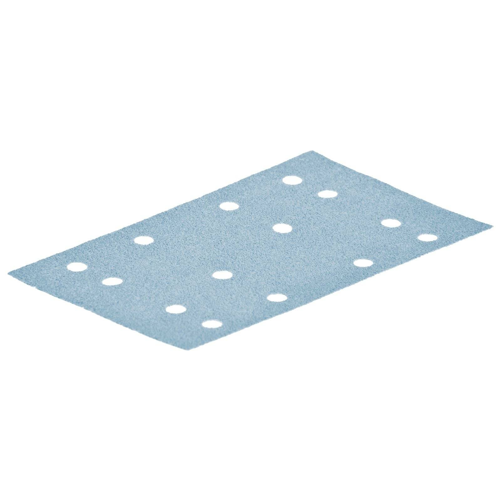 Ein blauer rechteckiger Schleifpapierbogen mit gleichmäßig angeordneten Löchern in einem Rastermuster.