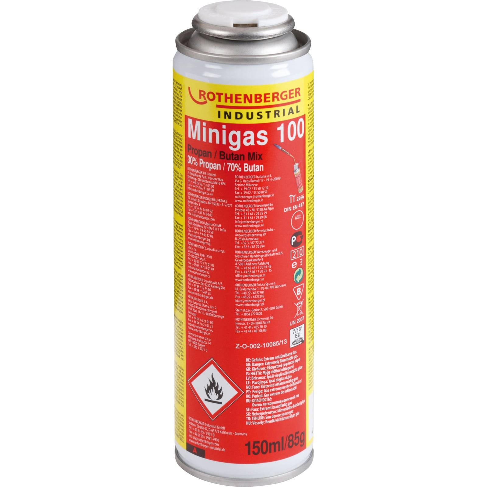 Eine rote und gelbe 150-ml-Gaskartusche mit der Aufschrift 