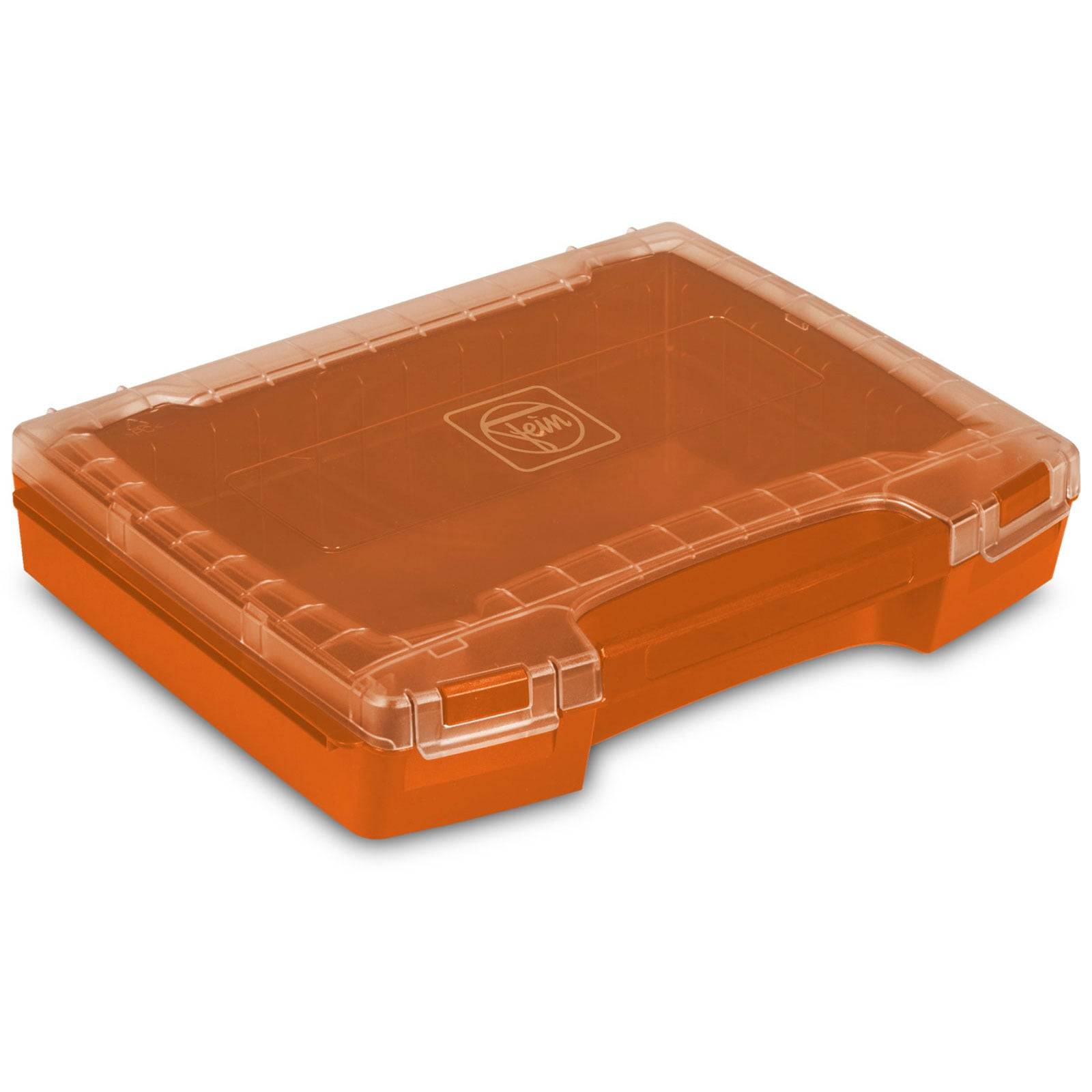 Eine orangefarbene Kunststoff-Aufbewahrungsbox mit einem transparenten Deckel und einem integrierten Griff, entwickelt zum Organisieren und Sichern von kleinen Gegenständen.