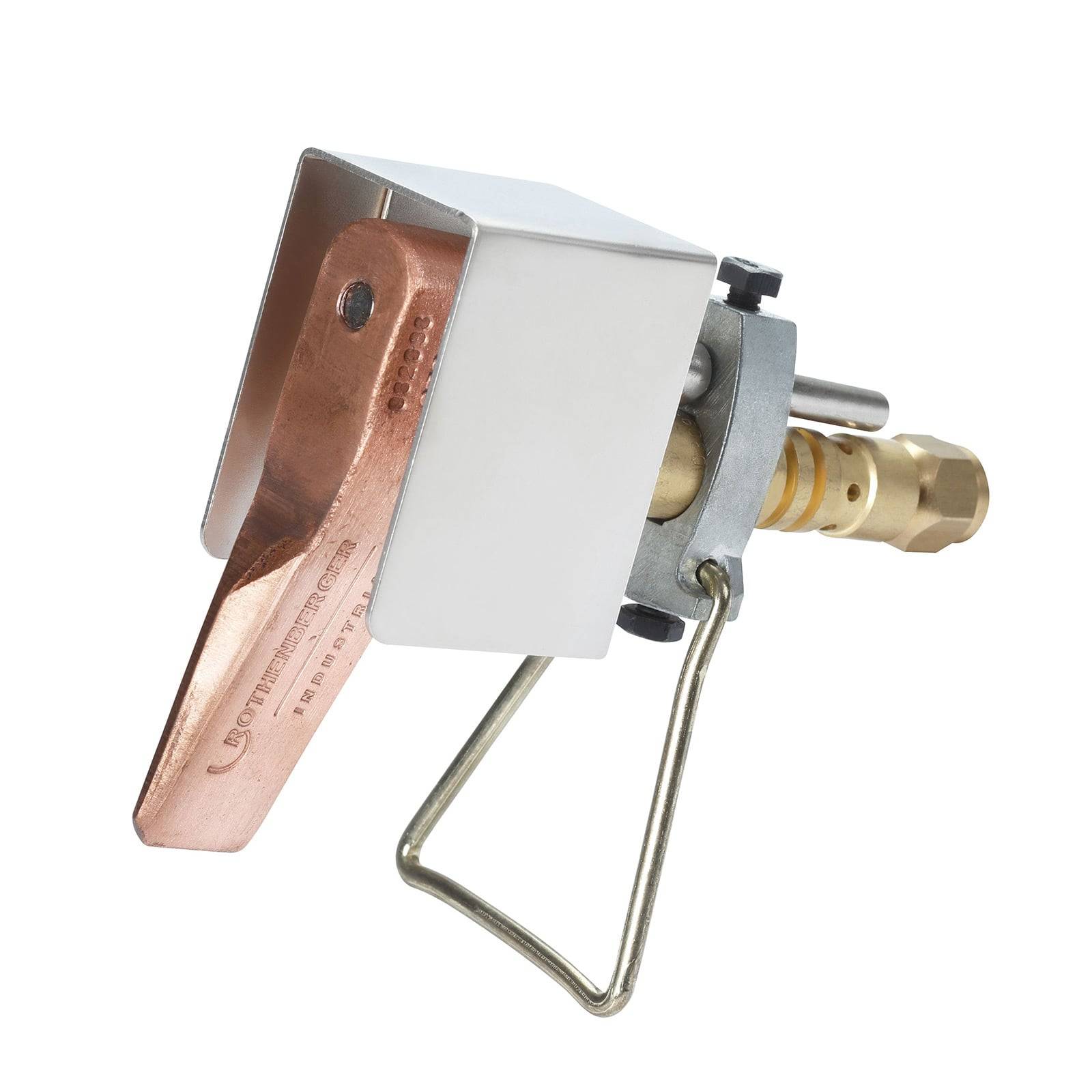 Nahaufnahme eines Metallventils mit einem Kupferhebel und einem Messinganschluss, verwendet zur Steuerung von Gas- oder Flüssigkeitsströmung, montiert auf einer weißen Oberfläche.