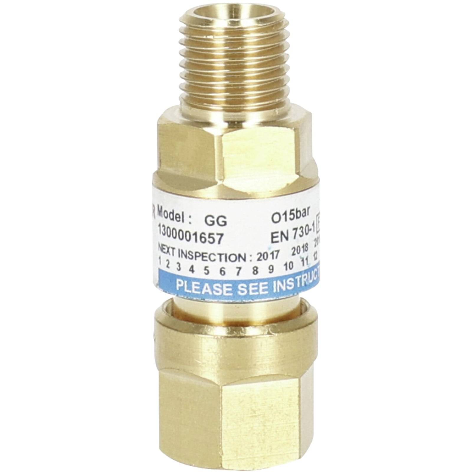 Messingmanometer-Drucksensor mit der Bezeichnung 'Modell: GG' mit einer Kapazität von 15 bar, Prüfdaten aufgelistet von 2017 bis 2019 und Erinnerung an die Bedienungsanleitung.