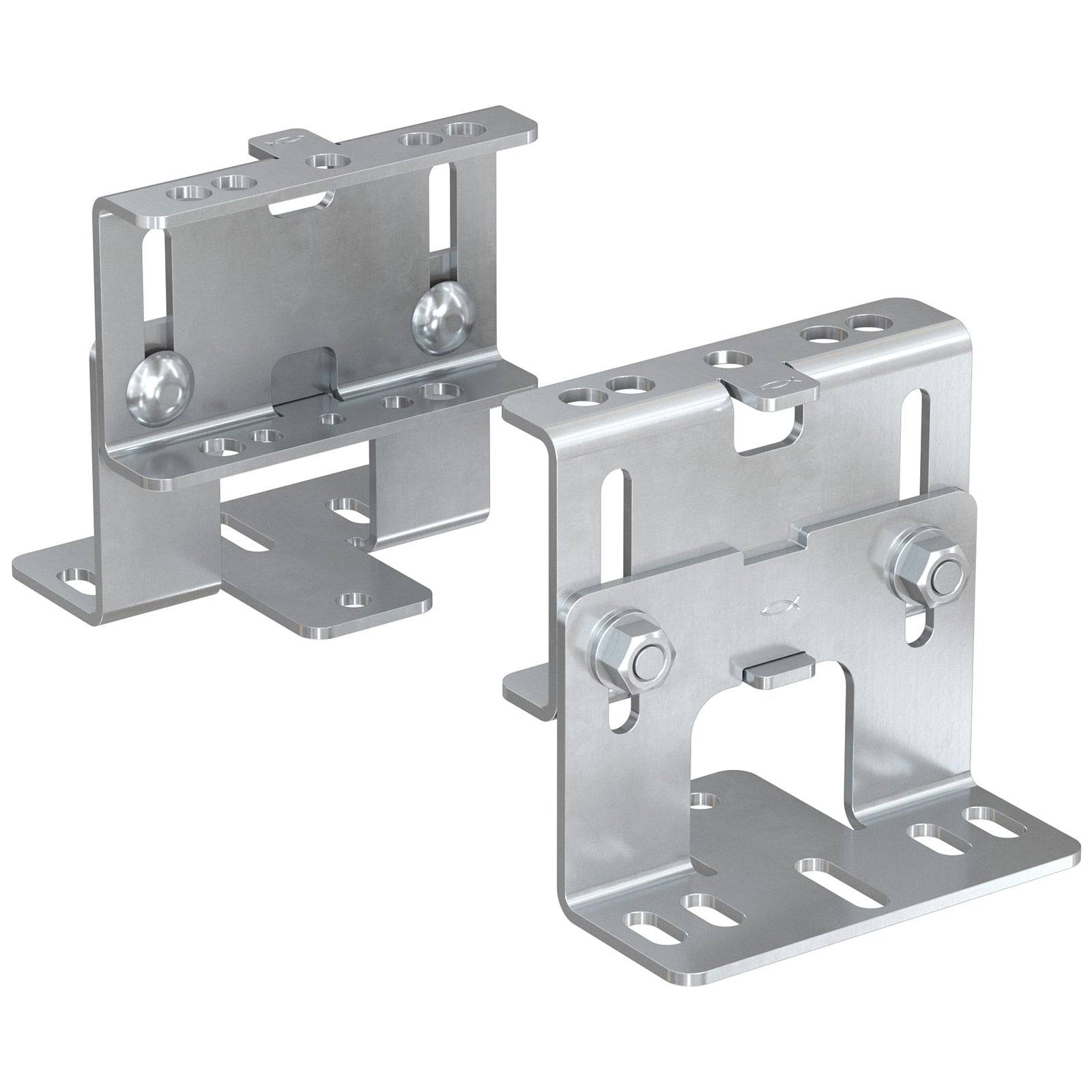 Zwei Metallmontagehalterungen mit Schrauben und Schlitzen für eine verstellbare Hardwaremontage.