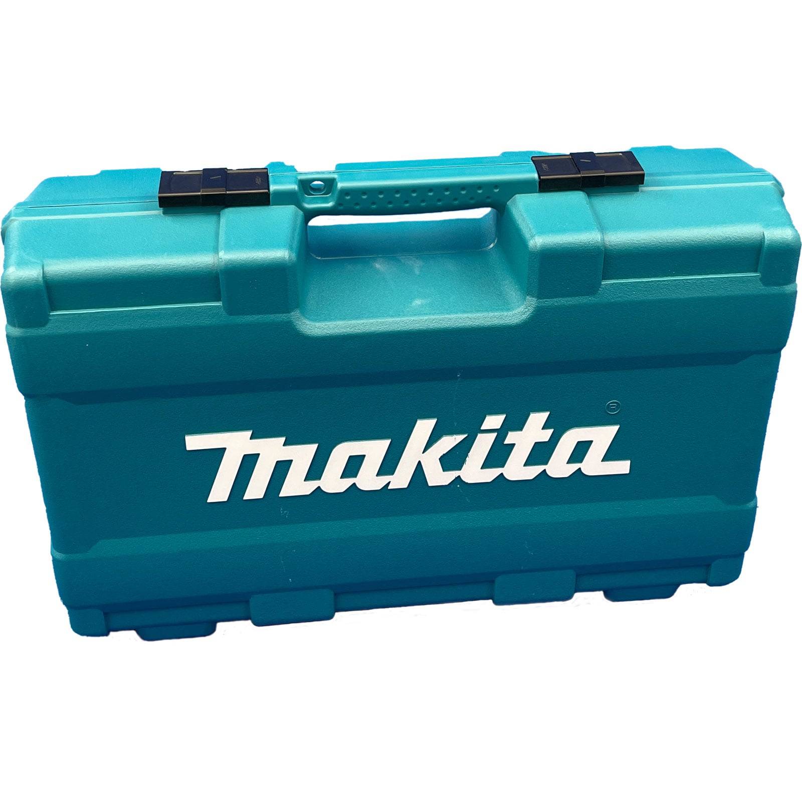 Blauer Makita-Werkzeugkoffer mit einem zentralen Griff, auf dessen Vorderseite das weiße Makita-Logo prominent platziert ist.