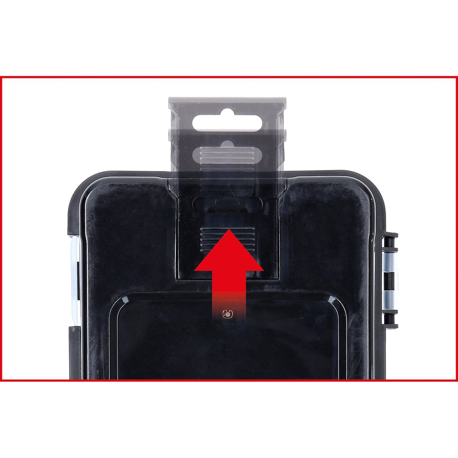 Eine schwarze Box mit einem roten Pfeil nach oben an der Spitze, der einen Griff oder Öffnungsmechanismus andeutet.