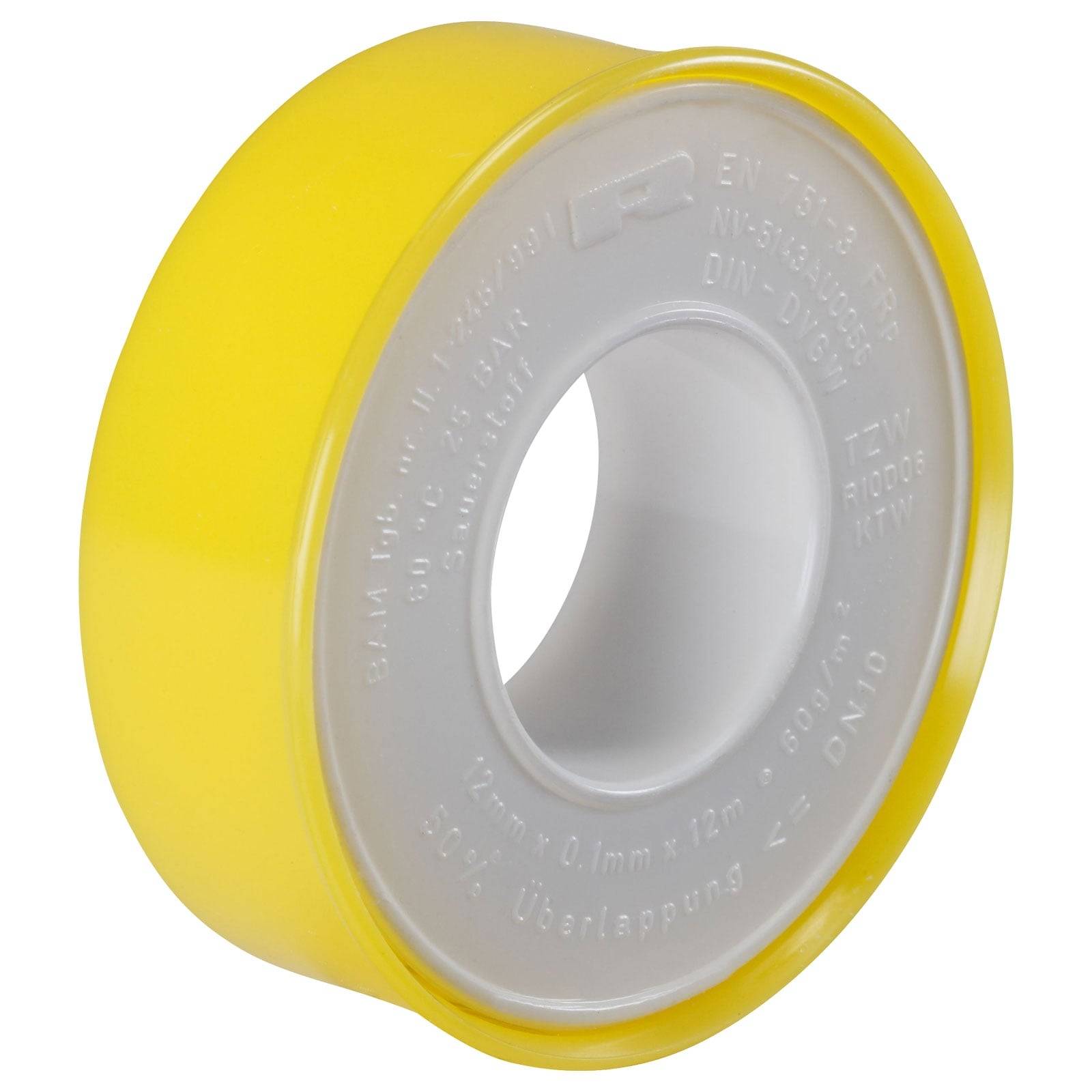 Eine gelbe Rolle weißen Dichtbands, das häufig für Klempnerarbeiten verwendet wird, mit Text, der Spezifikationen wie Dicke und Material anzeigt.