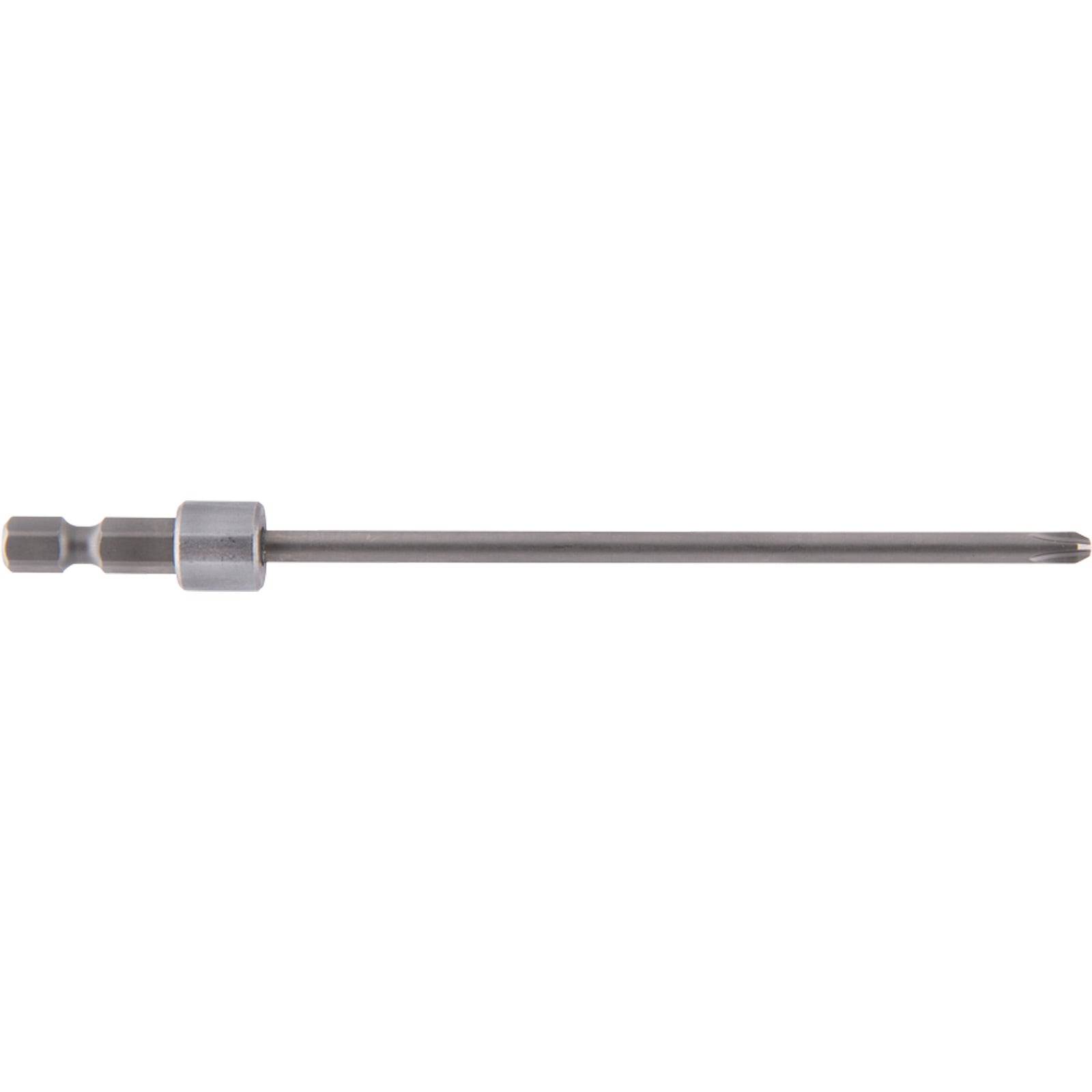 Ein langer Schrauberbit aus Metall mit sechseckiger Basis und zylindrischem Schaft, der für den Einsatz mit einem Akkuschrauber konzipiert ist.