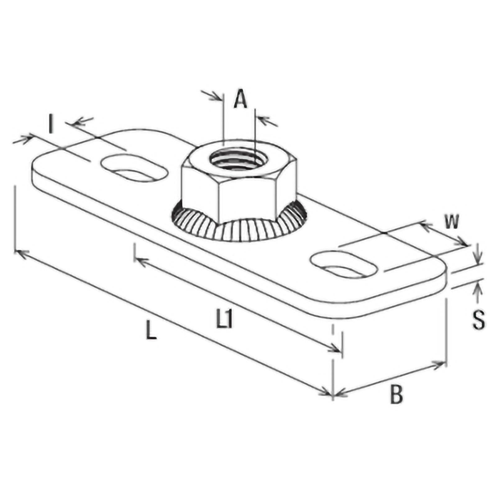 Diagramm, das eine rechteckige Metallplatte mit einer zentralen Gewindemutter mit der Bezeichnung 'A' zeigt. Die Abmessungen sind markiert: Länge 'L', Breite 'B', Schlitzlänge 'L1' und Schlitzbreite 'S'.