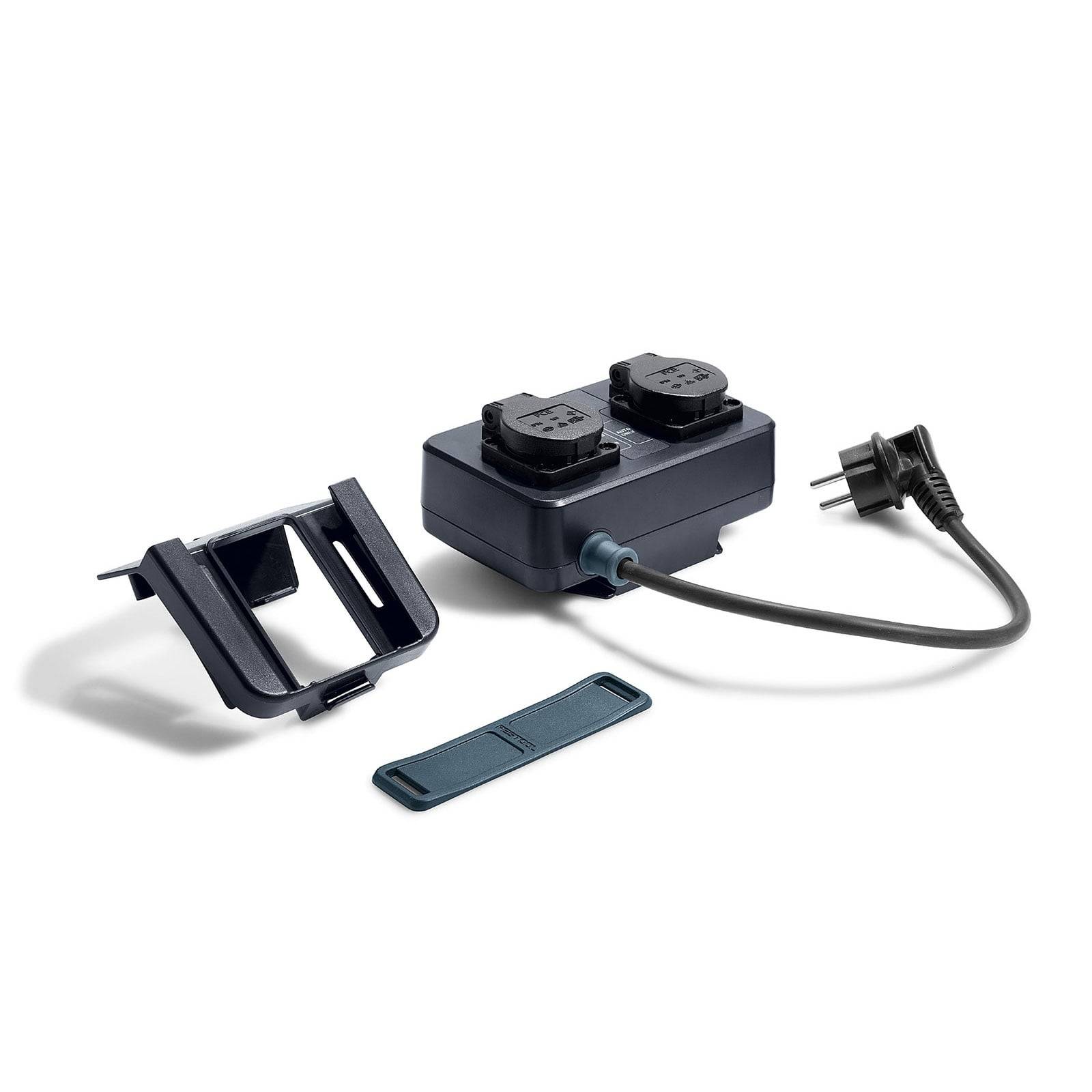 Ein elektrischer Adaptersatz mit zwei Steckdoseneinsätzen, einem Verbindungskabel und abnehmbaren Befestigungsklammern, geeignet zur Kabelorganisation.