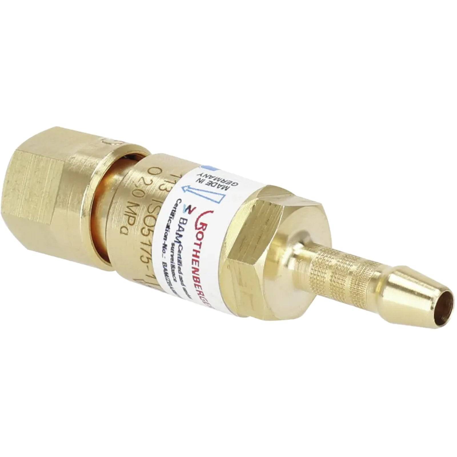 Eine Messinggasarmatur mit Gewindeende und Schlauchanschluss, beschriftet mit 'Rothenberger' und 'GBA9184.