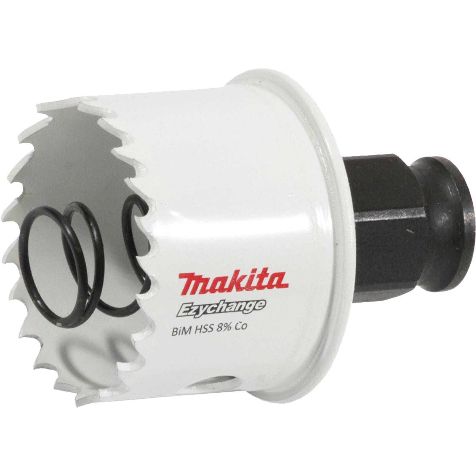 Ein Makita Bi-Metall-Lochsäge mit der Aufschrift 'BiM HSS 8% Co', die eine weiße zylindrische Klinge mit gezackten Zähnen und einem schwarzen Befestigungsstück aufweist.