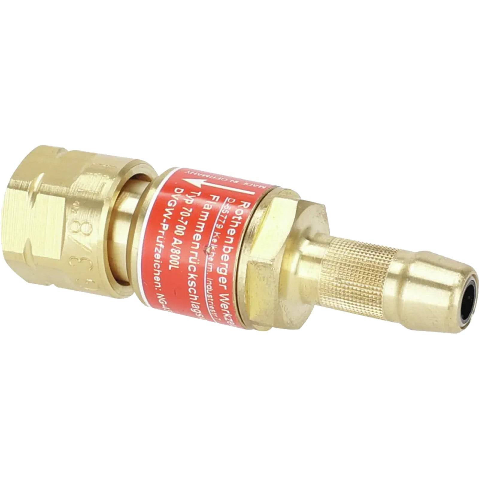 Rothenberger Rückschlagventil für Sauerstoff. Das Sicherheitsgerät aus Messing verhindert, dass Flammen in die Gasquelle zurückschlagen, wodurch die Sicherheit erhöht wird.