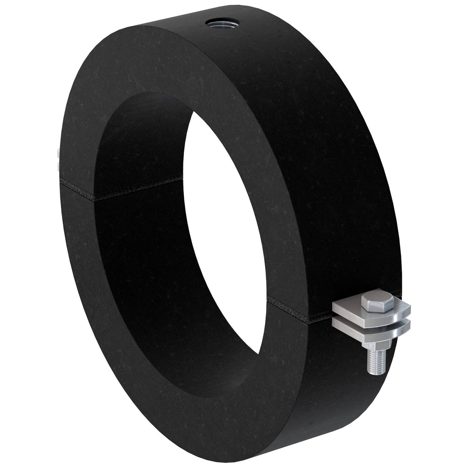 Ein schwarzes mechanisches Kupplungselement mit einer Schraube zum Klemmen, das verwendet wird, um zwei Wellen zu verbinden.