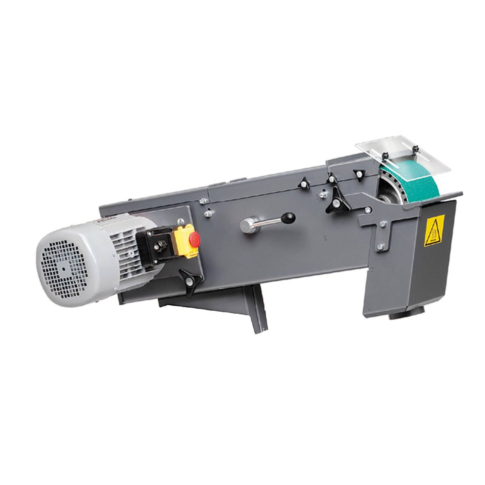 Bandschleifmaschine; Seitenansicht zeigt Motor, Schleifband und Verstellgriff. Überwiegend grau mit einem gelben Sicherheitswarnetikett.