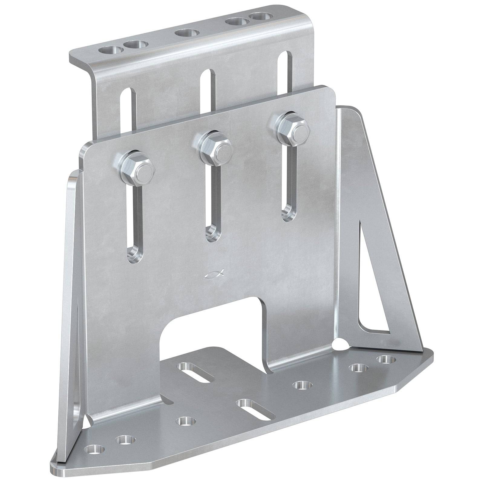 Metallhalterung mit mehreren Löchern und Schlitzen für verstellbare Befestigungen, ausgestattet mit drei Schrauben und einer Basis mit Flansche für Stabilität.