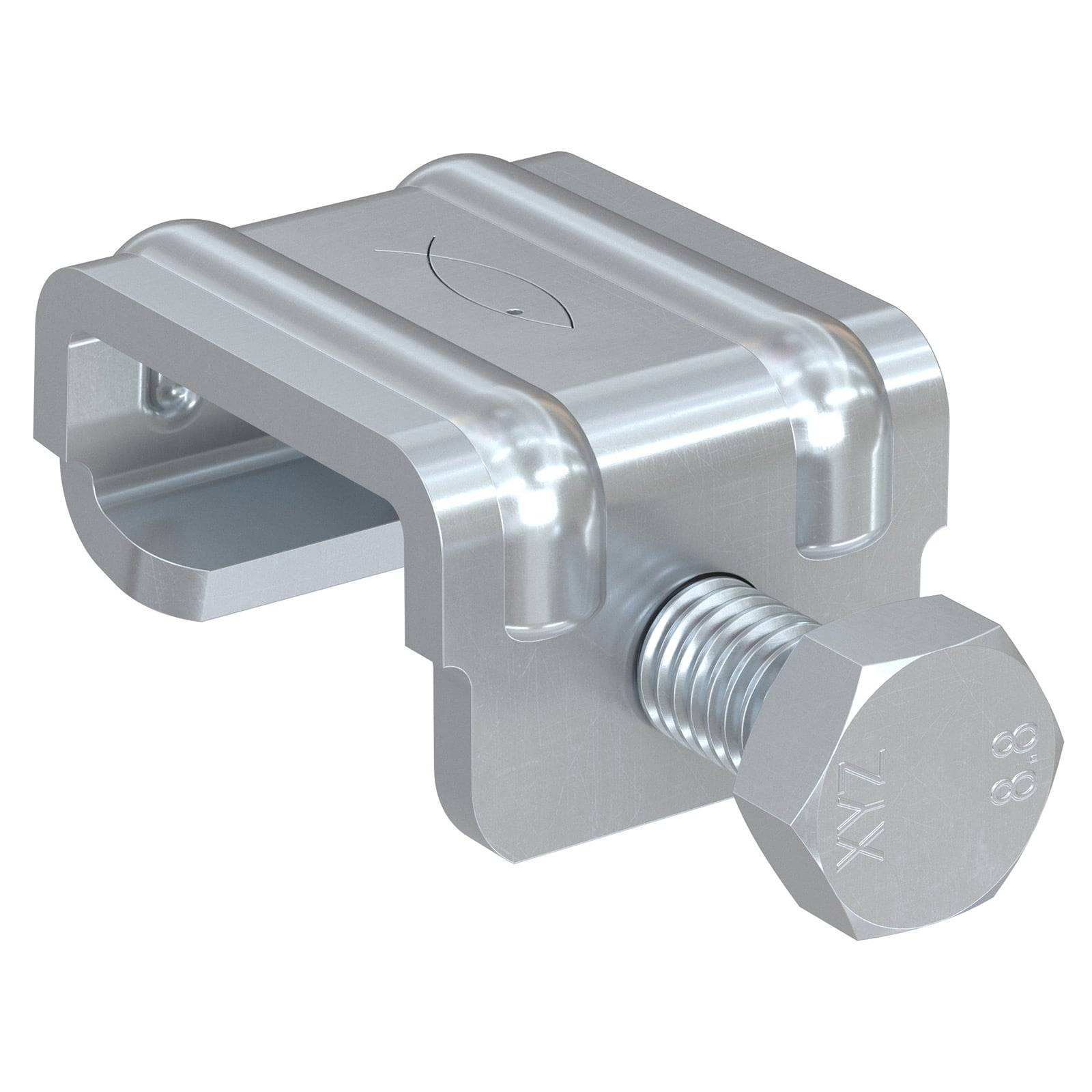 Eine metallische Klemme mit einem Gewindebolzen, konzipiert für sichere Befestigung, die eine robuste Bauweise und glatte Oberfläche aufweist.