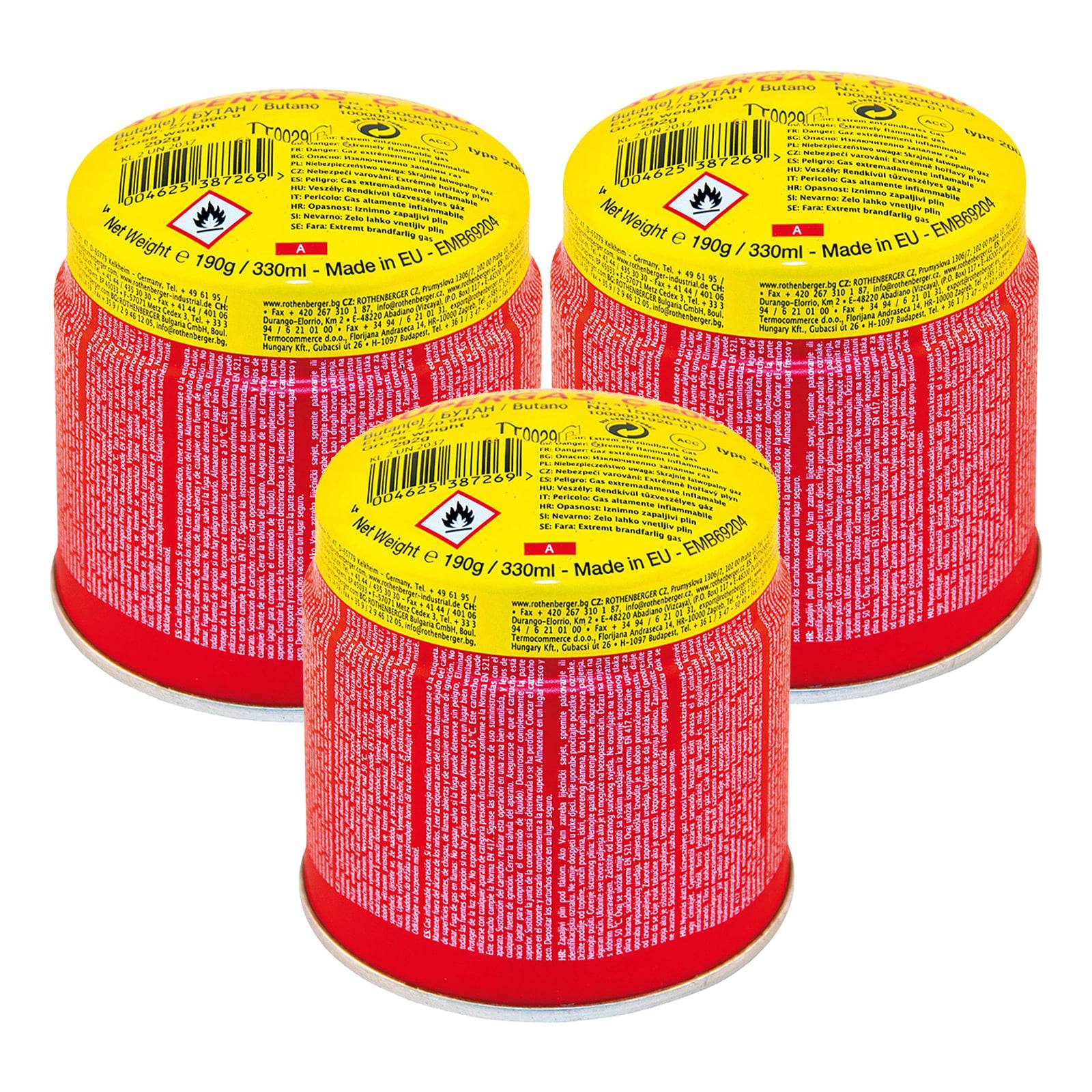 Drei rote und gelbe Kanister mit Brenngel, mit Gefahrensymbolen und Text, in einem Dreieck angeordnet, von oben betrachtet.