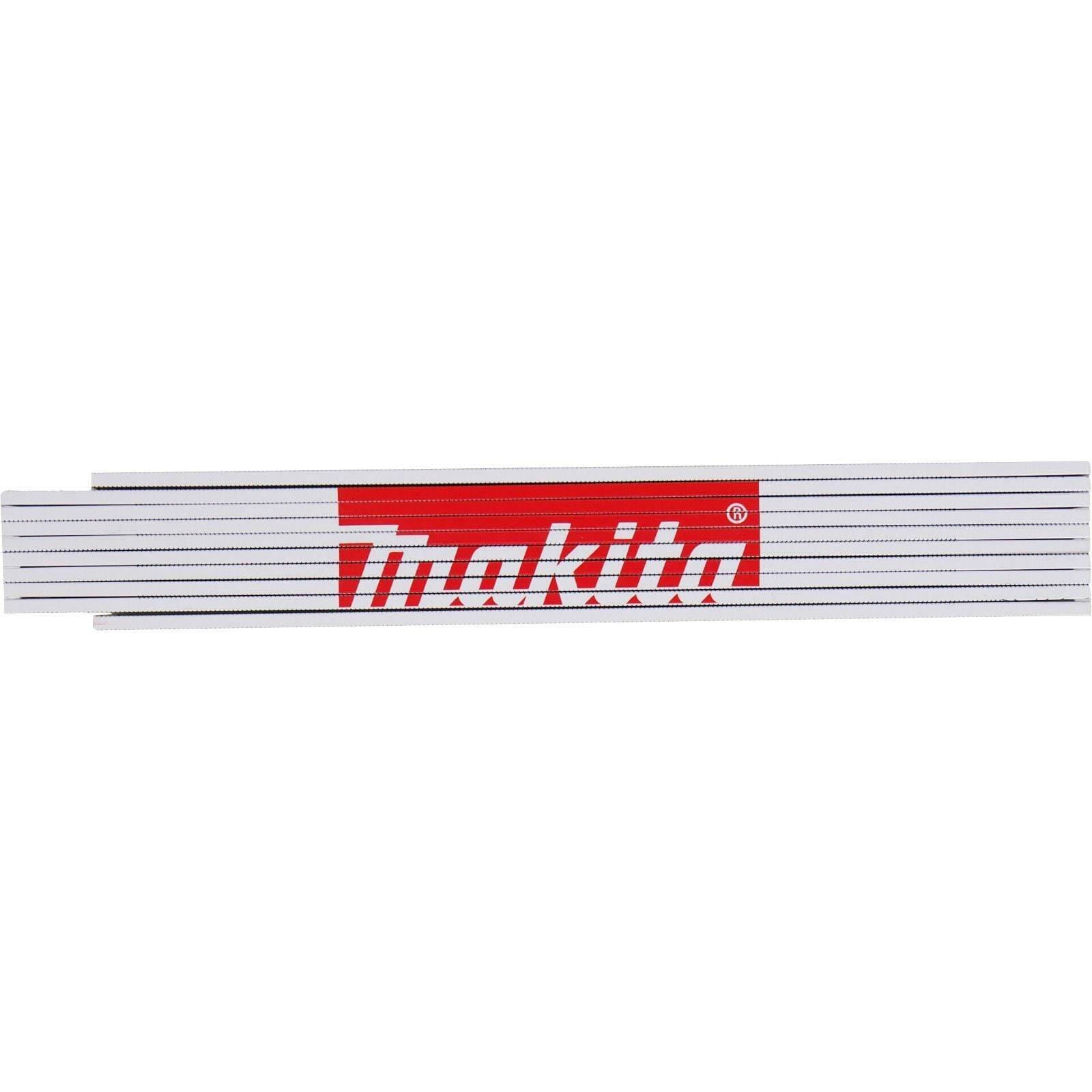 Ein Klappmaßstab mit einem 'Makita'-Logo auf rotem Hintergrund, der Maßlinien zur präzisen Längenmessung zeigt.