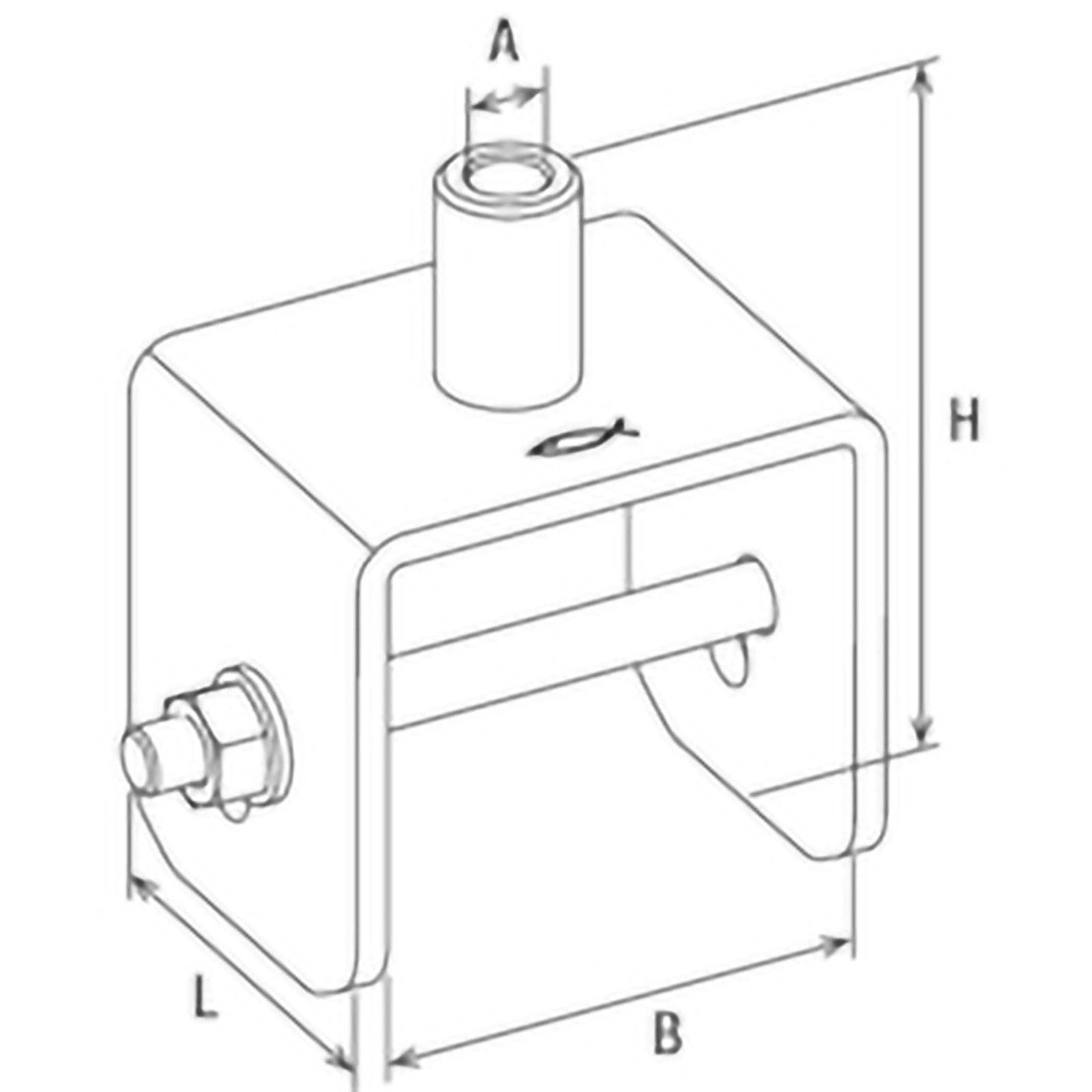 Technische Zeichnung eines Haltearms mit einem zylindrischen Oberteil, beschriftet mit 'A', einem Bolzen auf der linken Seite und Abmessungen, gekennzeichnet mit 'H', 'L' und 'B'.