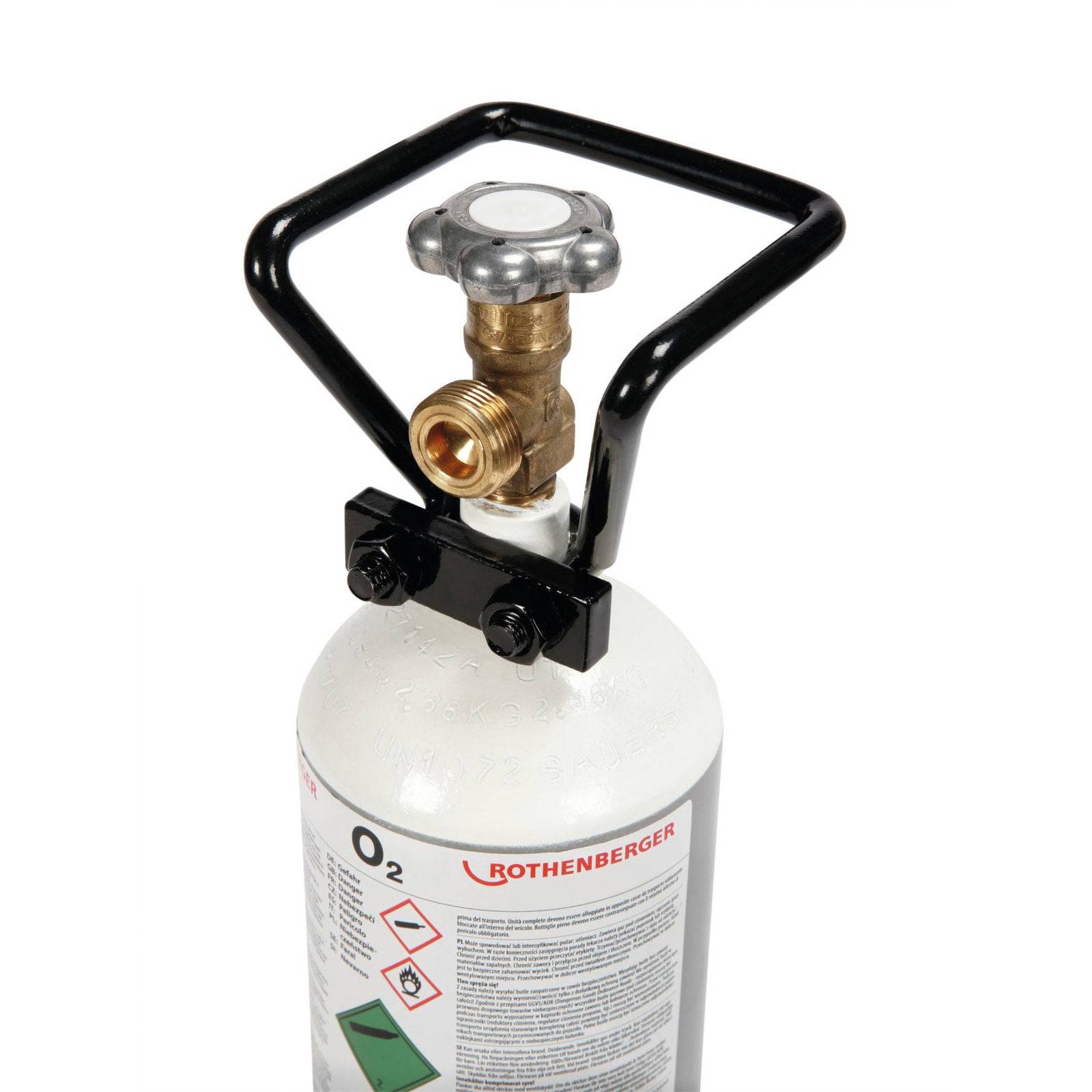 Eine weiße Gasflasche mit einem schwarzen Griff und Ventil, markiert mit der Marke 'Rothenberger', mit Gefahrensymbolen und Sicherheitshinweisen auf dem Etikett.