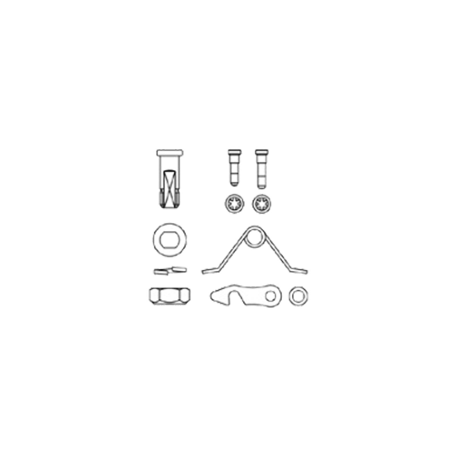 Verschiedene Metallbeschläge, einschließlich Schrauben, Muttern und Klammern, systematisch auf einem weißen Hintergrund angeordnet.