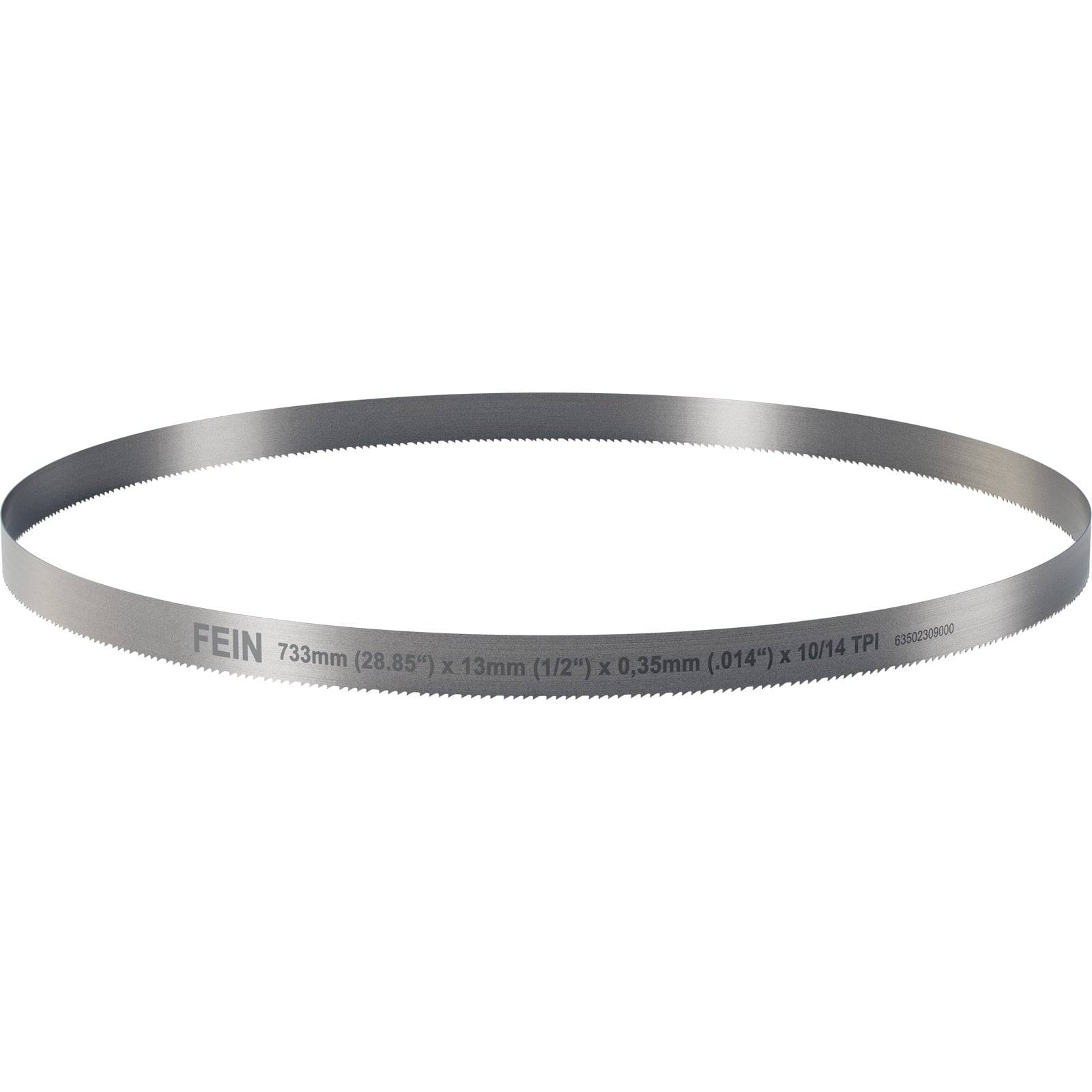 Eine kreisförmige Metallsägeblatt mit Zähnen, gekennzeichnet als 'FEIN 733mm (28,85