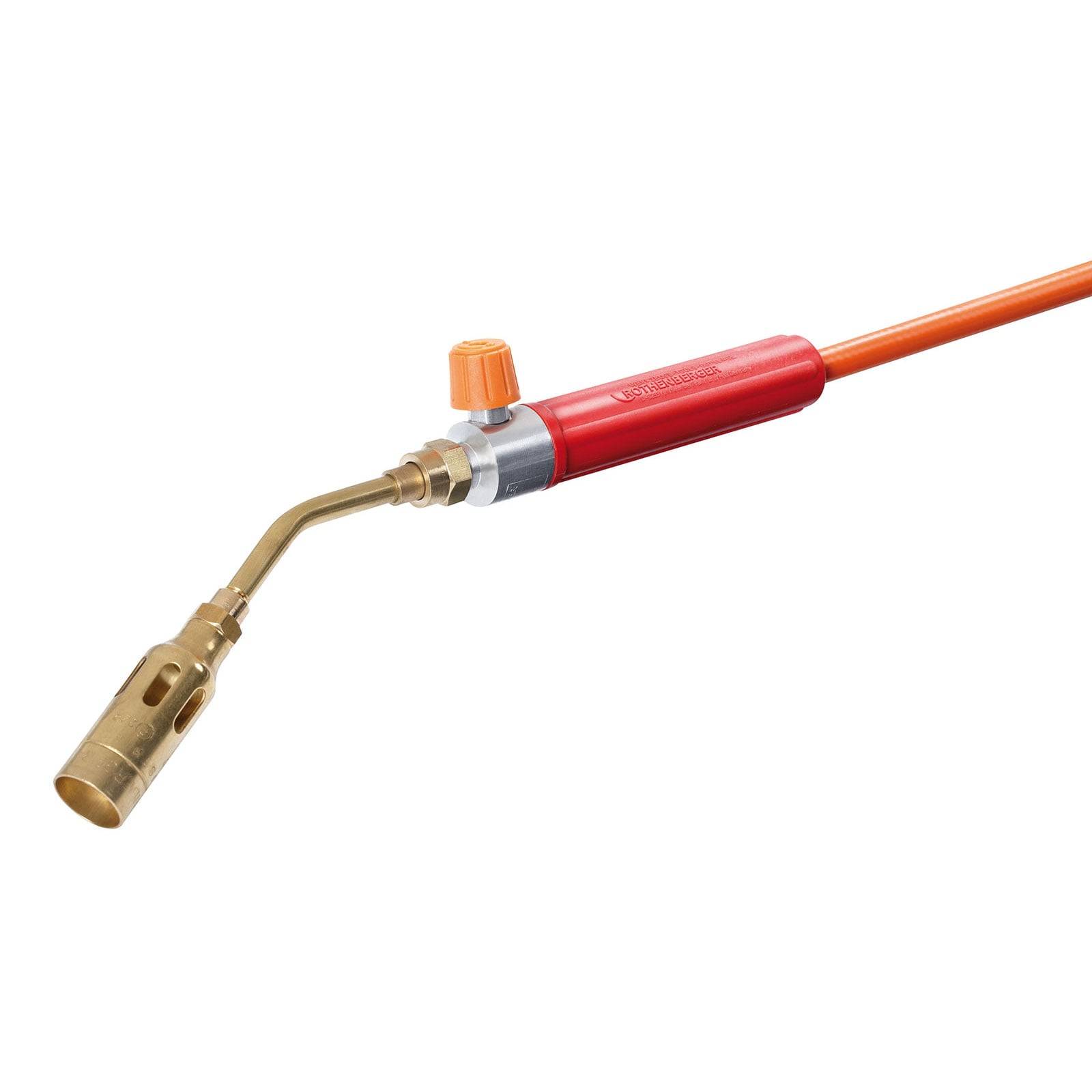 Eine rote und goldene Lötlampe mit einem orangefarbenen Schlauchanschluss, entwickelt für kontrollierte Flammenanwendungen wie Löten oder Materialerhitzung.