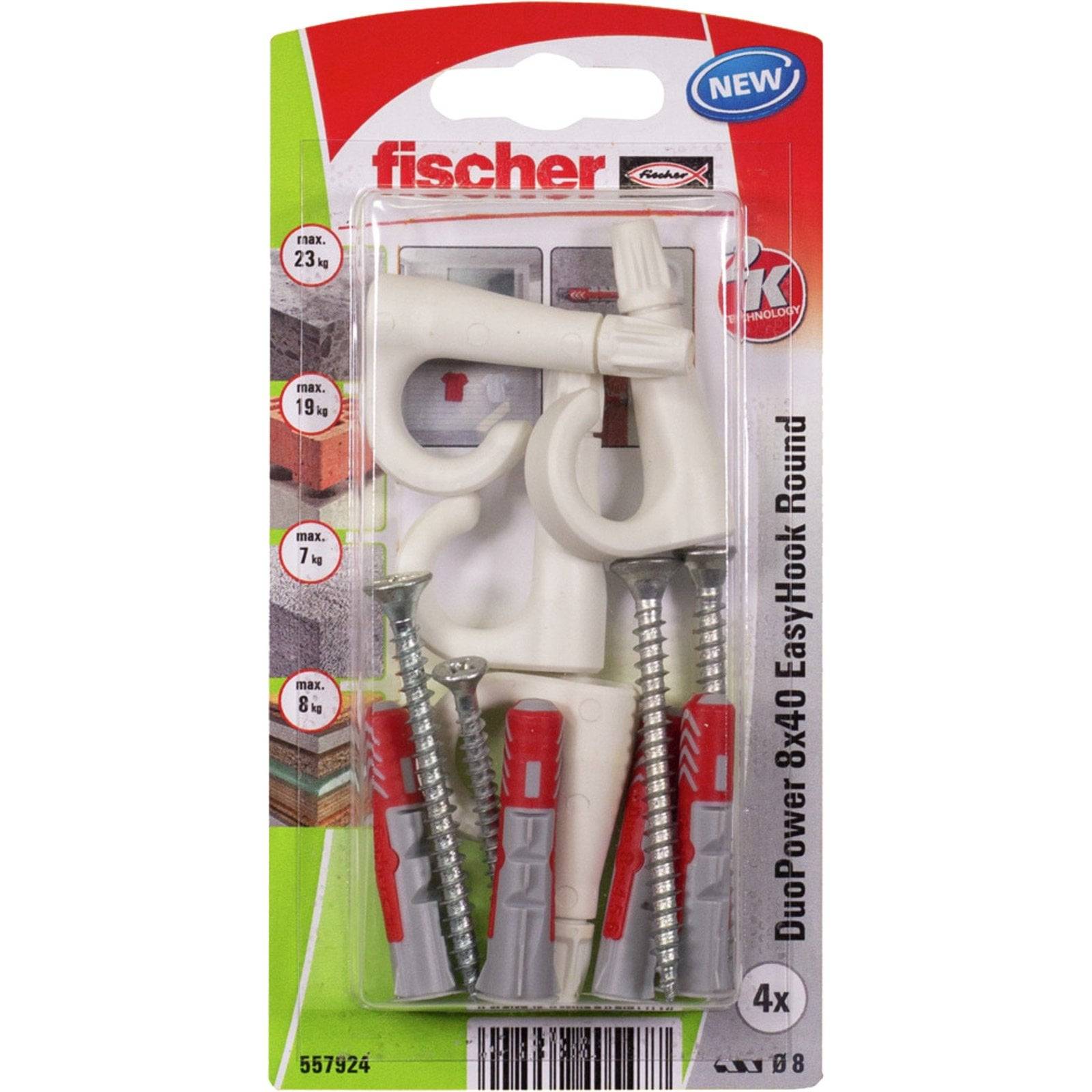 Fischer-Verpackung mit Dübeln und Schrauben, mit der Bezeichnung 'Duo Power 8x40 EasyHook Round', geeignet für verschiedene Materialien.