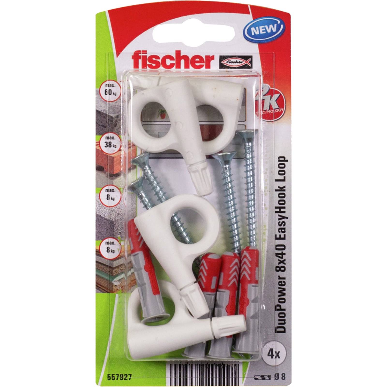 Packung Fischer DuoPower 8x40 EasyHook Loop, zeigt Dübel, Haken und Schrauben zum Aufhängen von Gegenständen, geeignet für Beton.