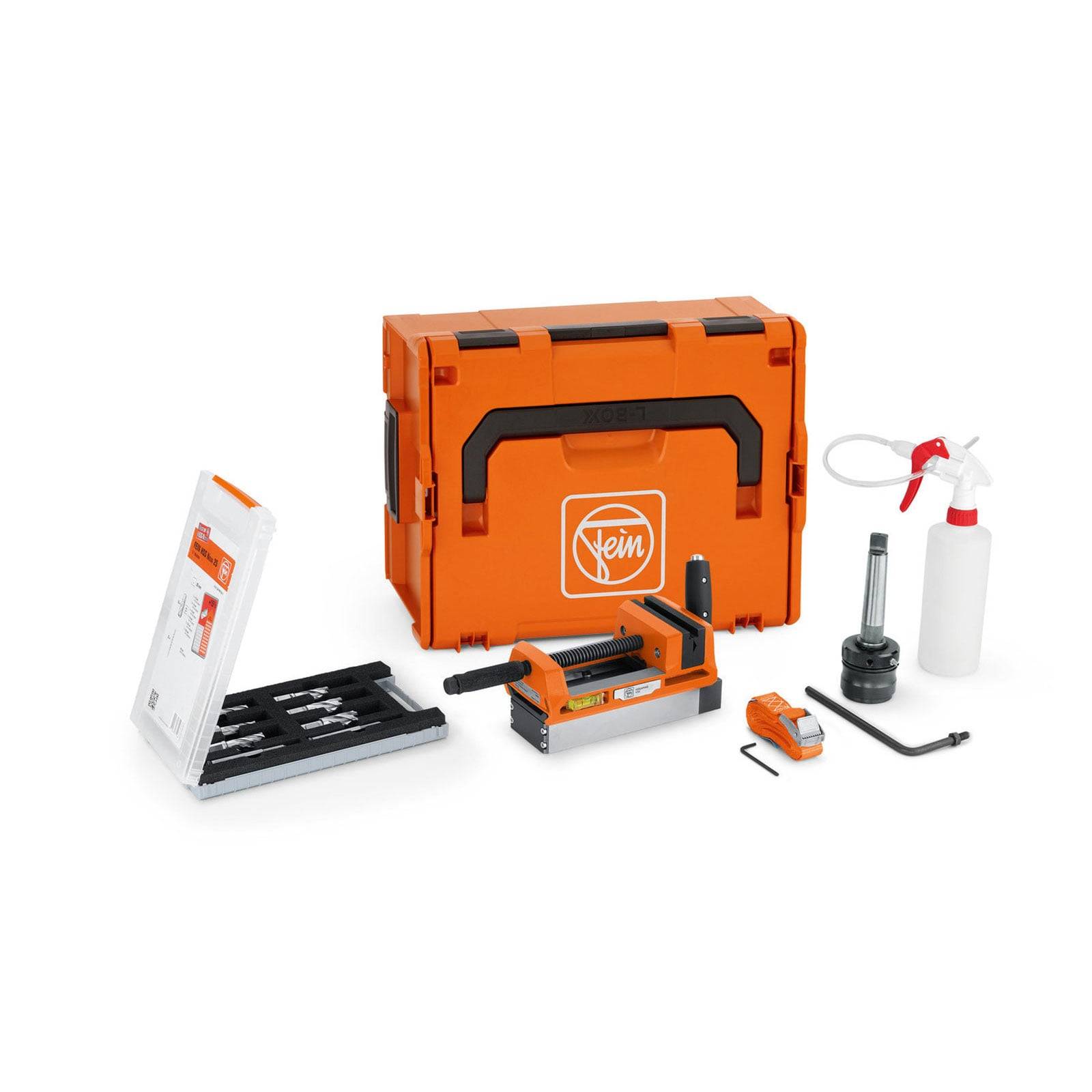 Orange Fein Werkzeugset mit Zubehör, einschließlich Transportkoffer, Bohrern, einem Handwerkzeug, einer Reinigungsflasche und einem Schraubenschlüssel.